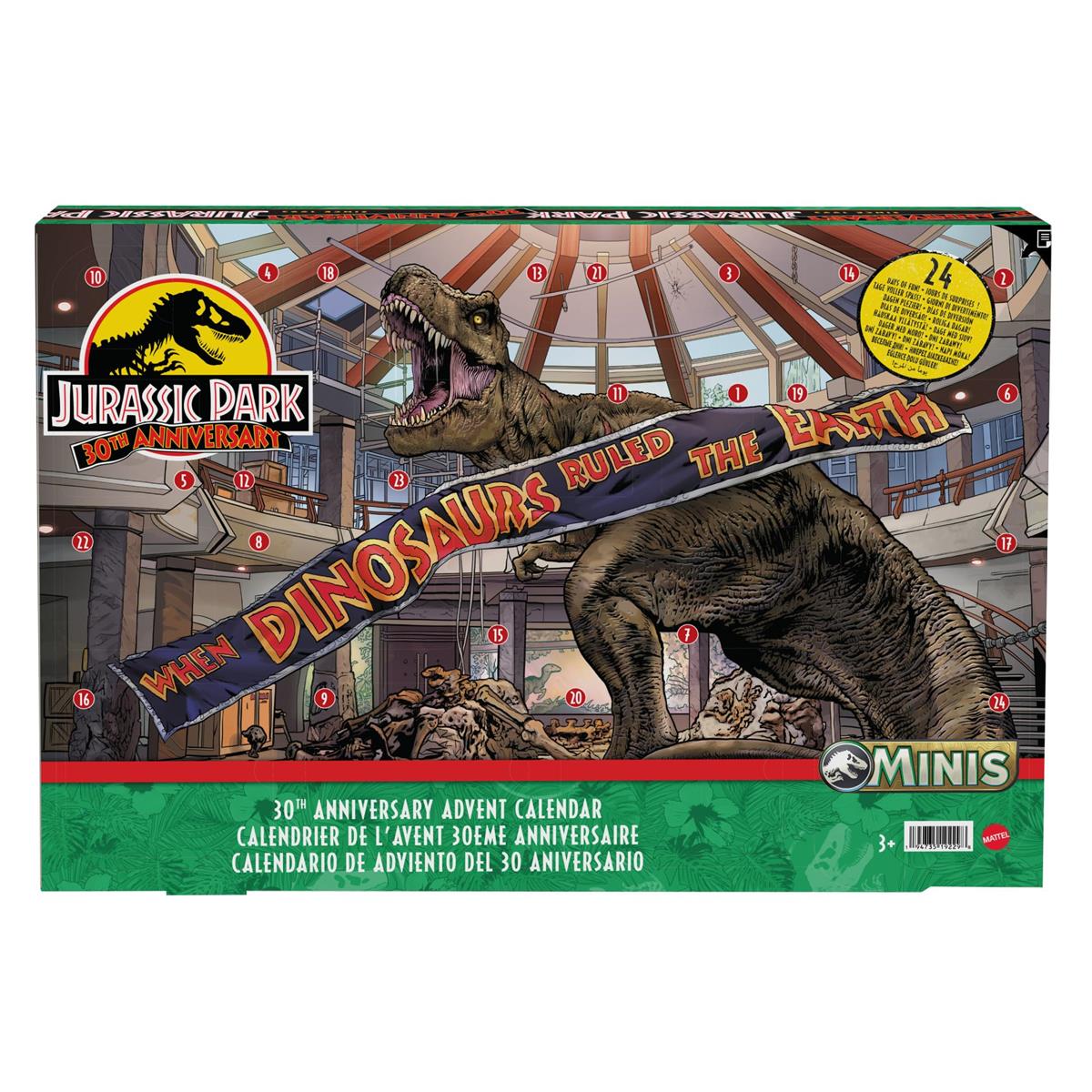 JURASSIC WORLD 30. Jubiläum Adventskalender - 24 Türchen mit Mini-Dinosauriern, Menschenfiguren und Teilen für einen aufregenden Spielbereich, für Kinder ab 4 Jahren, HTK45
