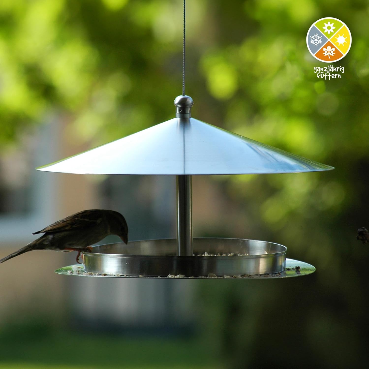 Dobar Luxus-Vogelhaus Rundes Design-Futterhaus "Silberglanz" aus Edelstahl mit Draht zum Aufhängen Silber