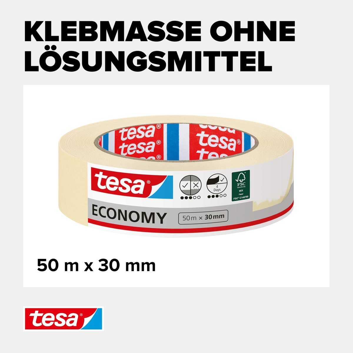 Malerkrepp, Klebeband, Lösungsmittelfrei, 50 m × 30 mm, Beige