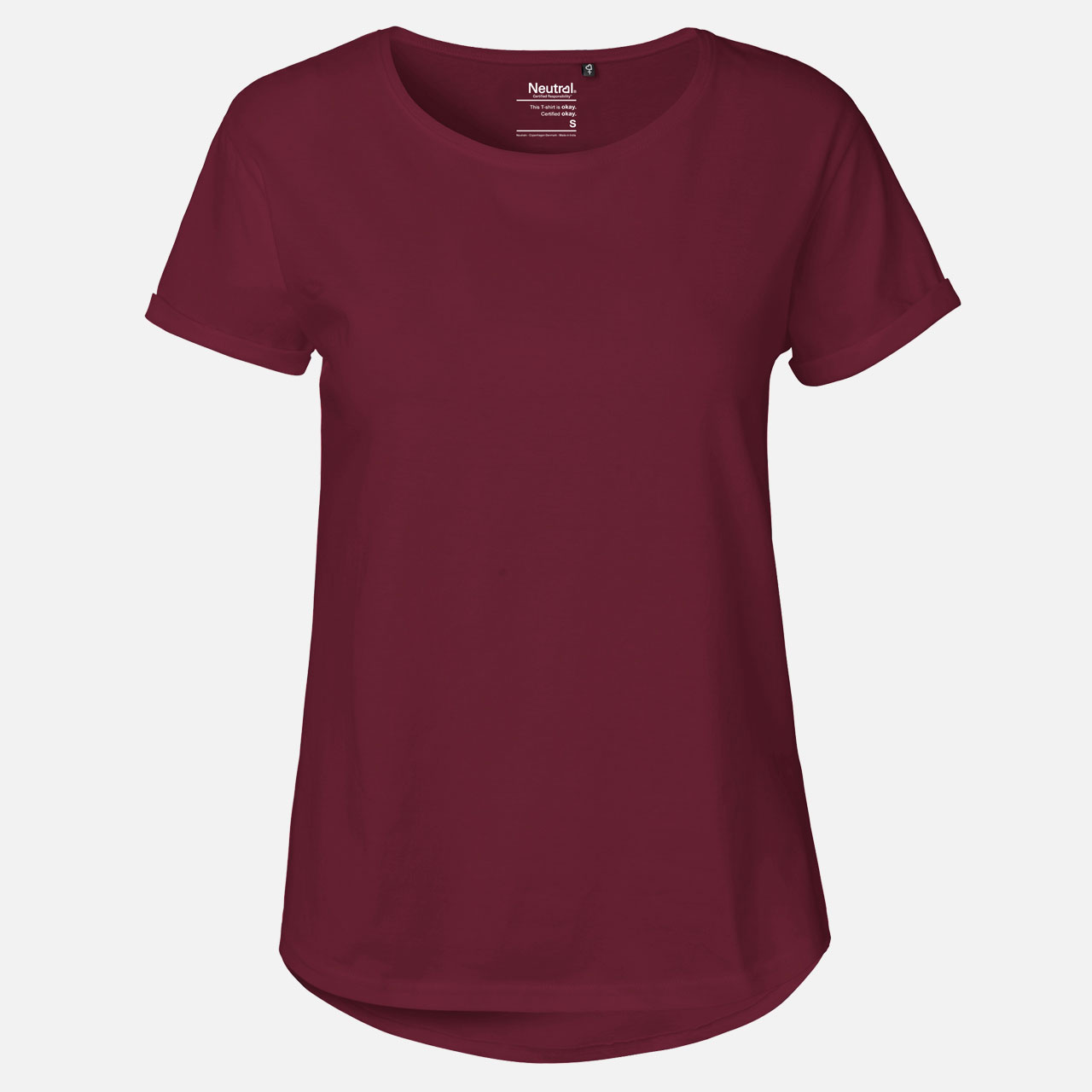 Damen-T-Shirt, Rundhalsausschnitt, Bordeauxrot, Kurzarm, Umschlagärmel