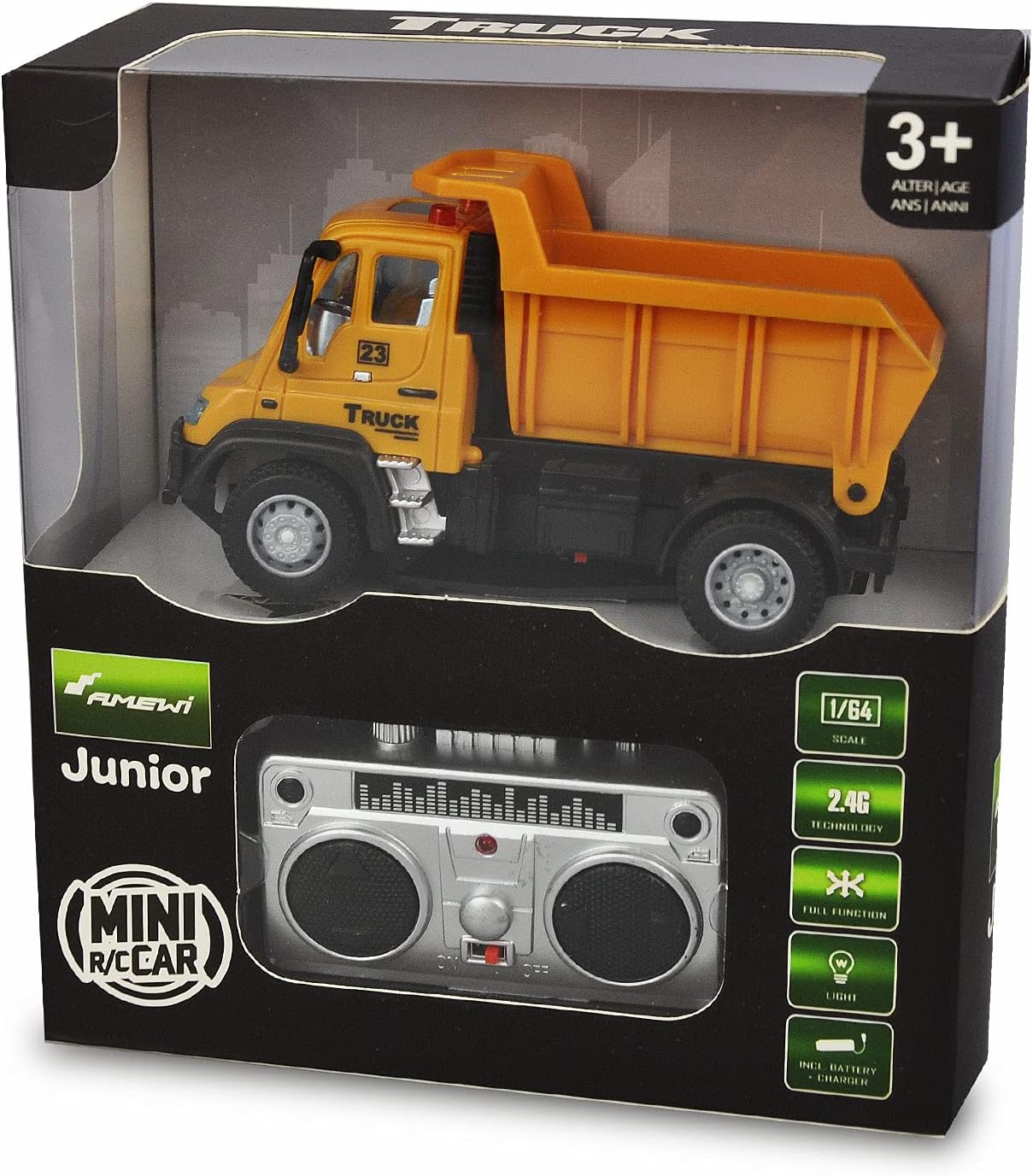 Amewi Mini Truck Kipper 1:64 RTR 2,4GHz gelb RC Fahrzeug Ferngesteuerter Gelber Kipplaster RC-Kipper RC-Baustellenfahrzeug