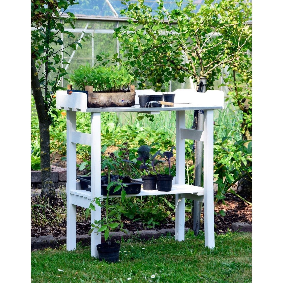 outdoor table, gartenarbeitsplatz, Holzregal, pflanzenablage, Topfpflanzen