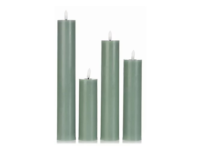 ELAMBIA 4 LED-Kerzen mit Wachsspiegel Slim Line salbei Dekokerzen Stabkerzen
