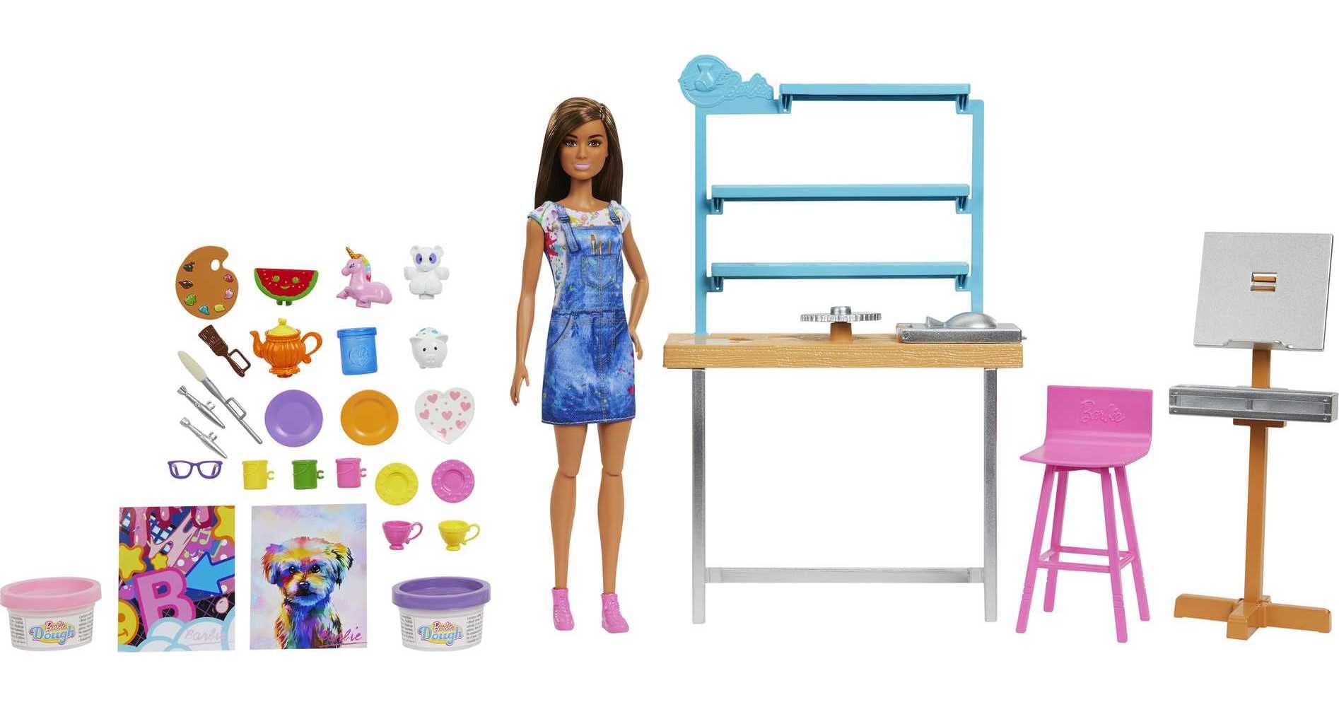 Barbie HCM85 - Relax and Create Kunst Studio, Puppe (ca 30 cm), 25+ Zubehörteile für Töpfern und Malen, Knete, Vasenform, Leinwände und mehr, tolles Spielzeug Geschenk für Kinder ab 3 Jahren