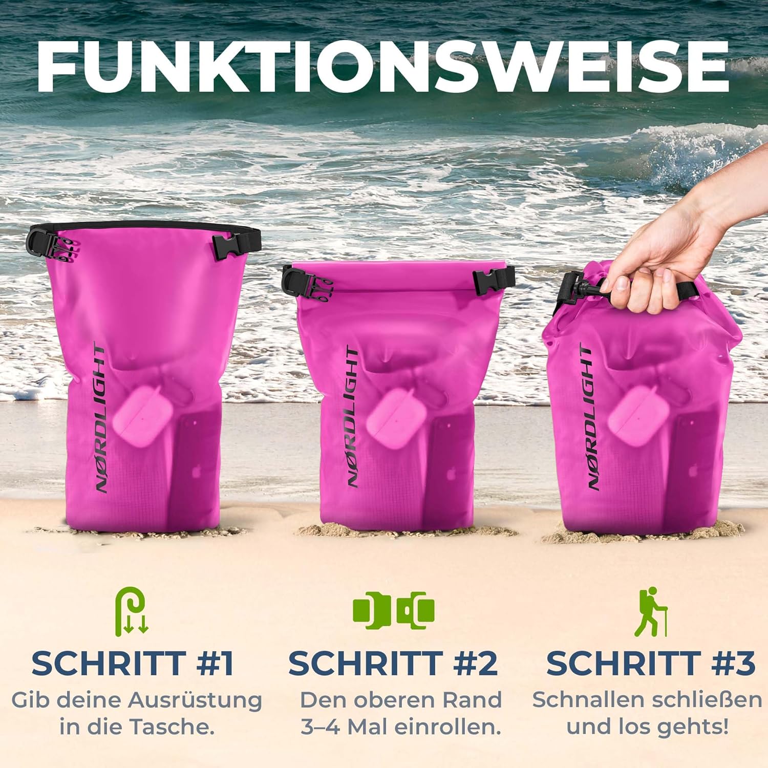 Nordlight Wasserdichter Rucksack Dry Bag 5L - Roll Top Rucksack Kurierrucksack pink