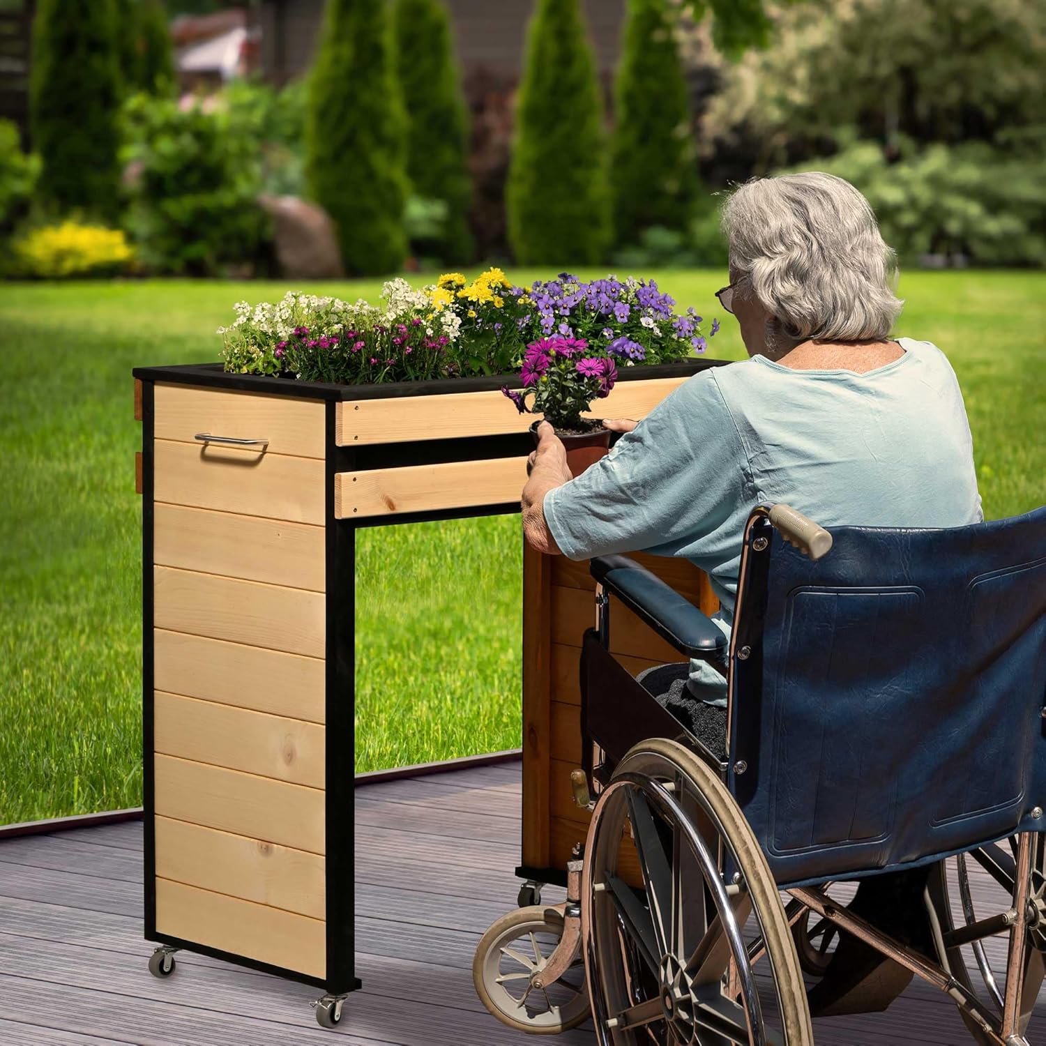 dobar Hochbeet Wheely Gr. M für Rollstuhlfahrer - Pflanzkasten aus Holz aus Rollen mit Pflanzkübel - Kräuterbeet für Indoor und Outdoor - Balkon-Hochbeet Natur