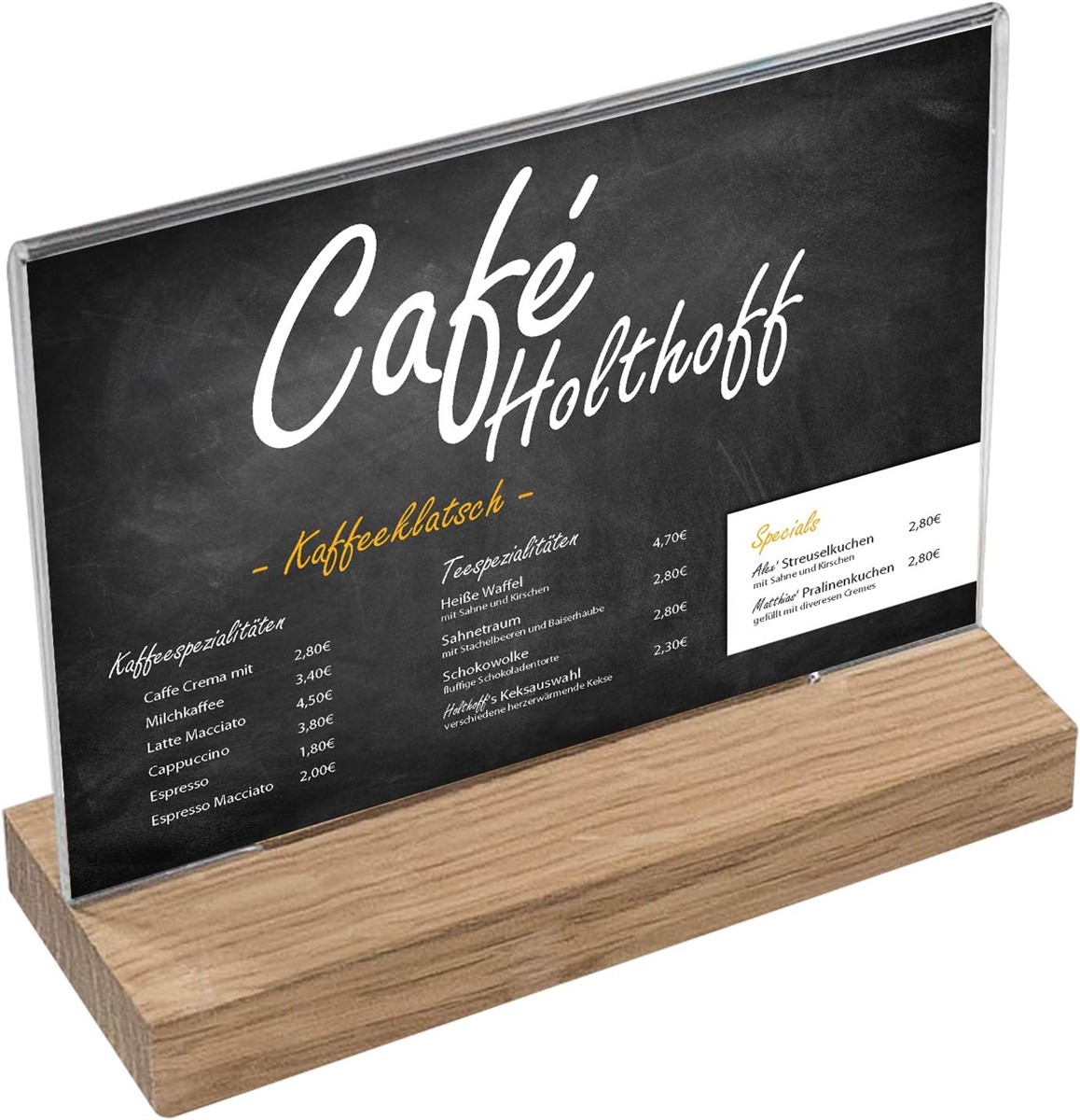 Tafelbild, Kaffee-Menü, Schiefertafel, Holzständer, Kartenblatt