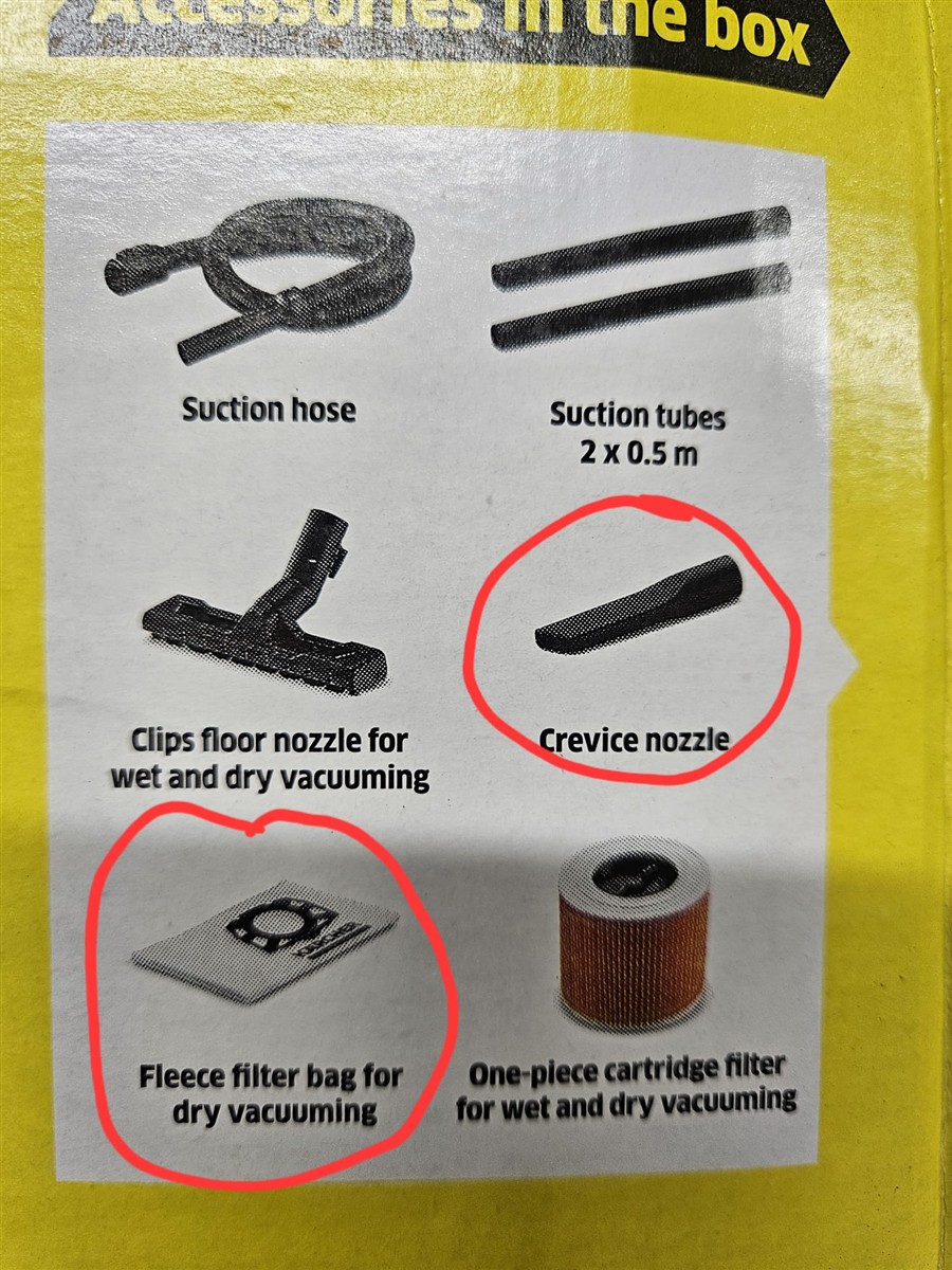 Suction hose, Suction tubes, Clips floor nozzle, Crevice nozzle, Fleece filter bag