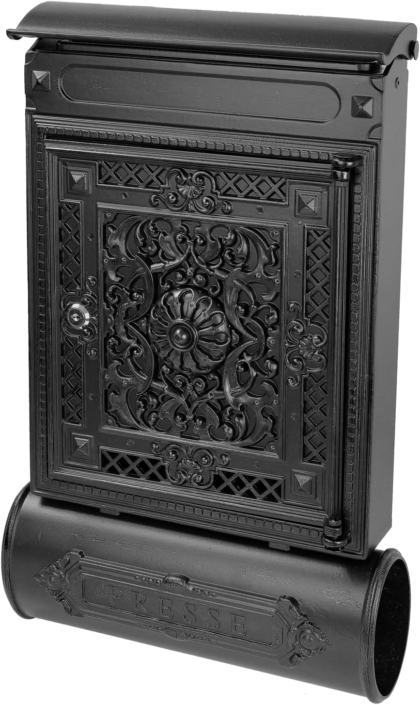 HMF Briefkasten Antik mit Zeitungsfach Vintage Postkasten aus Aluguss 57 x 35 x 10 cm Schwarz