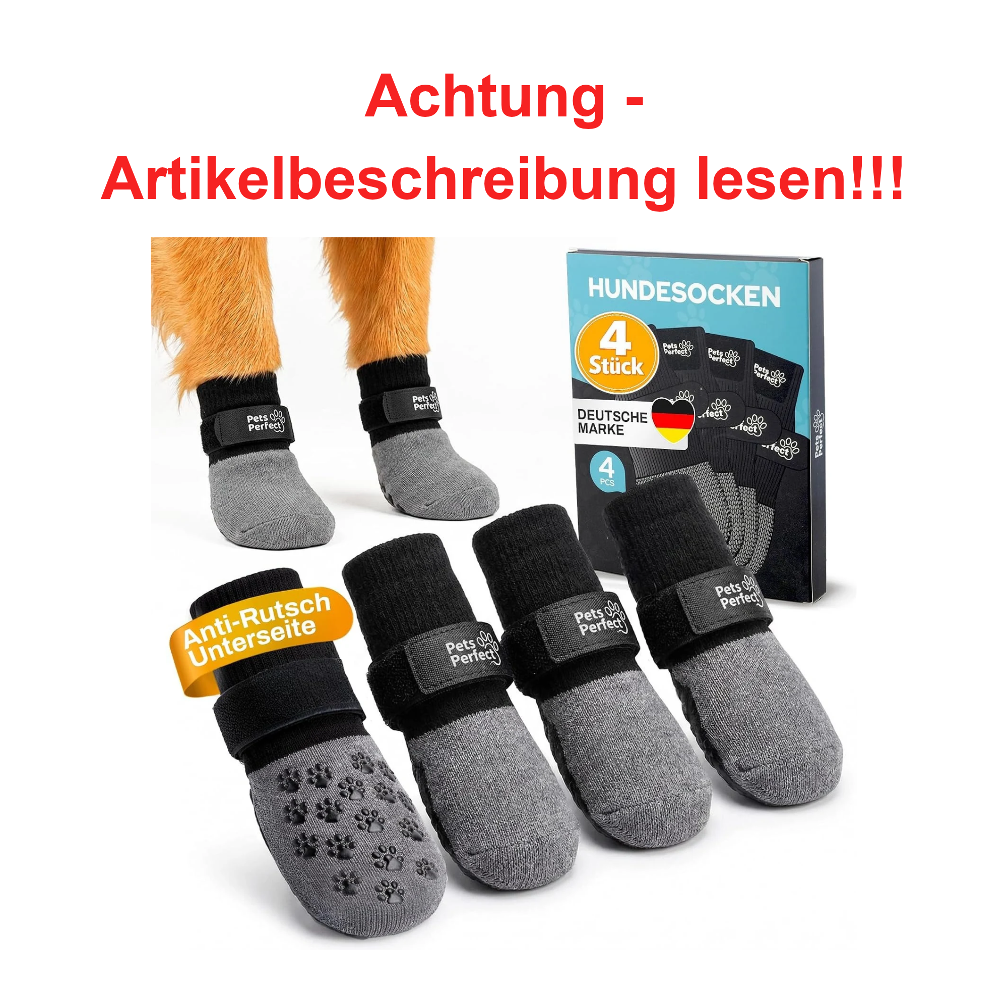 Hundesocken, Rutschfeste Sohle, Grau-Schwarz, Klettverschluss, 4er-Set