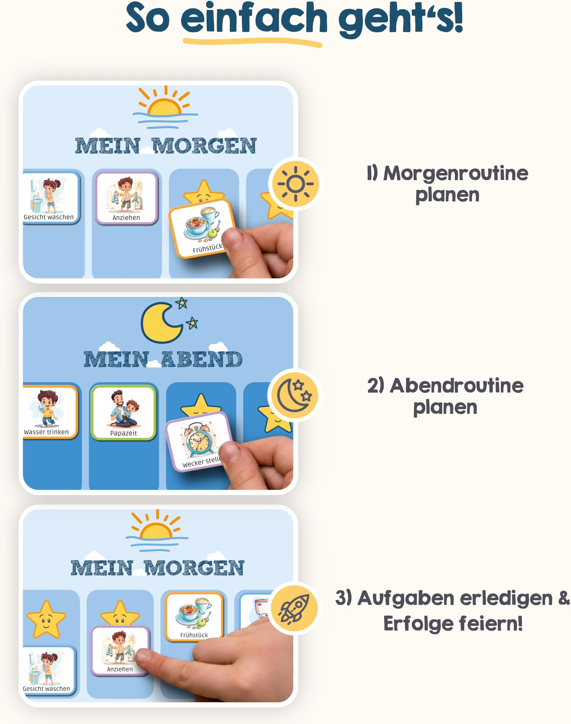 Kinder-Planer, Morgenroutine, Frühstück, Aufgabenkarten, Star-Symbole
