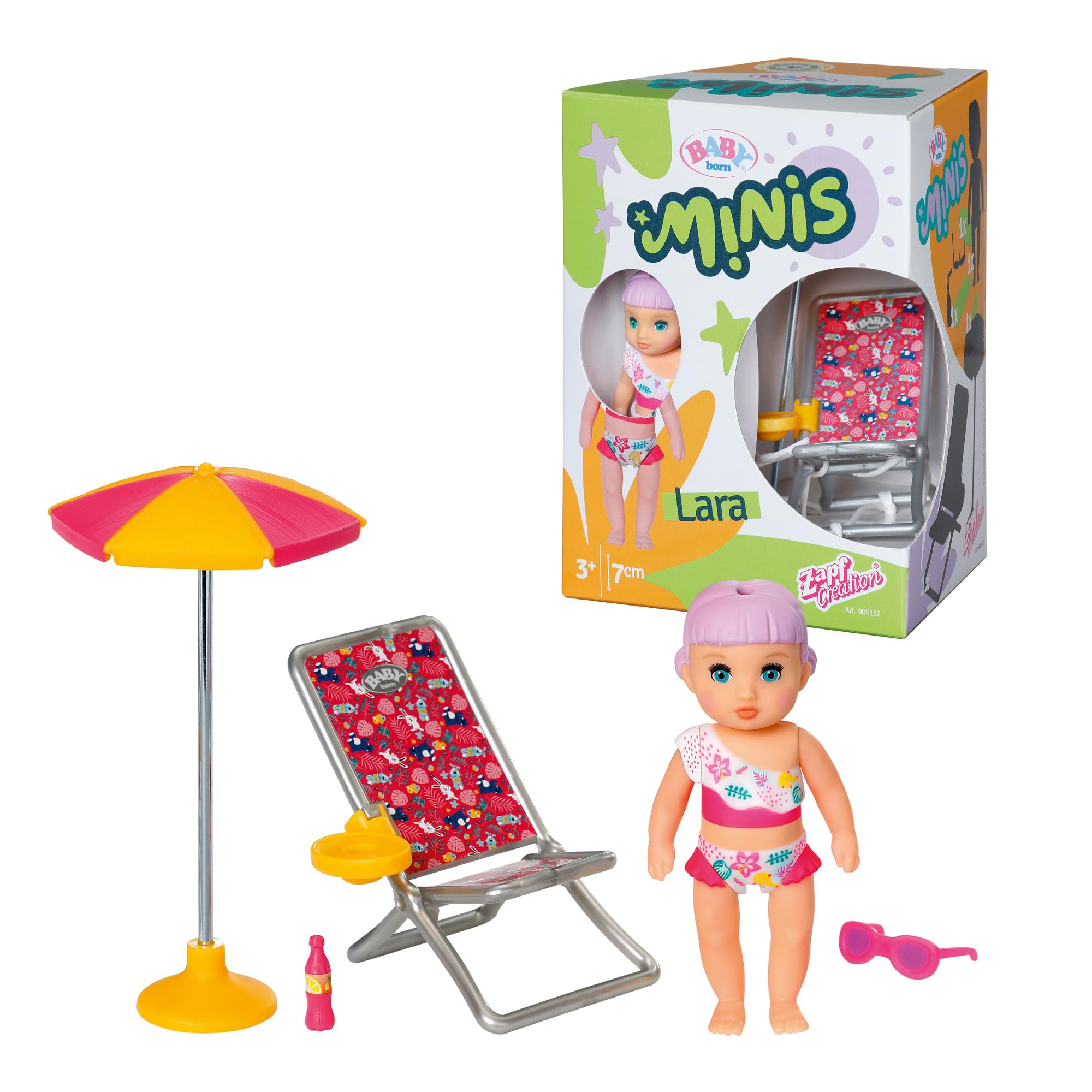 BABY born Minis Sonnenstuhl-Spielset mit Minis-Puppe Lara und Liegestuhl, 701911 Zapf Creation