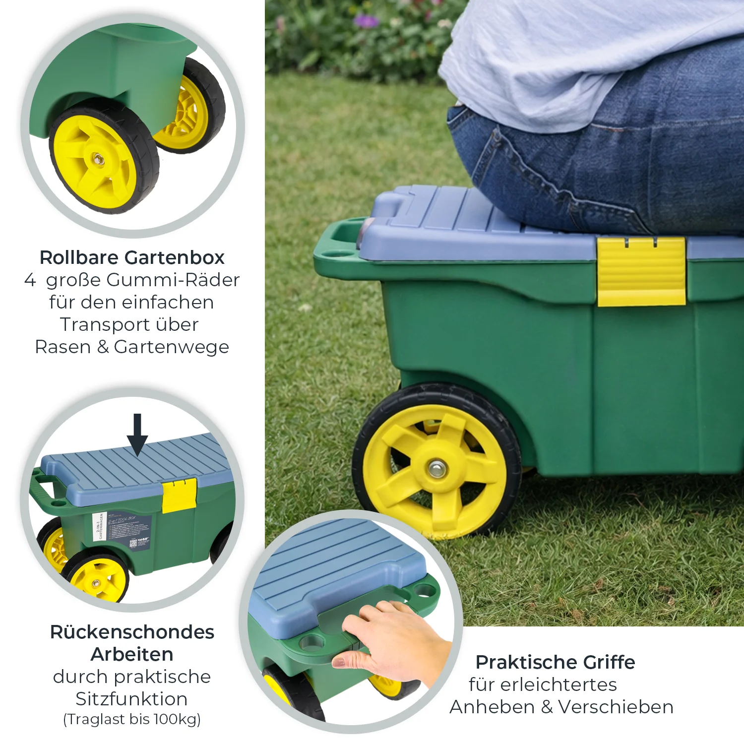 Gartenwagen 2-in-1 mit Sitz und Stauraum - HMF Gartenhocker Rollsitz #2719