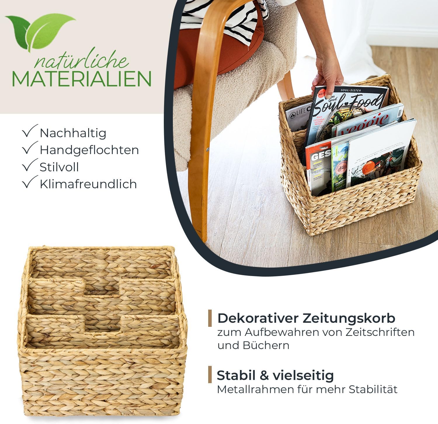 HMF Zeitungsständer Zeitungskorb geflochten aus Wasserhyazinthe 3 Fächer 35 x 24 x 32 cm