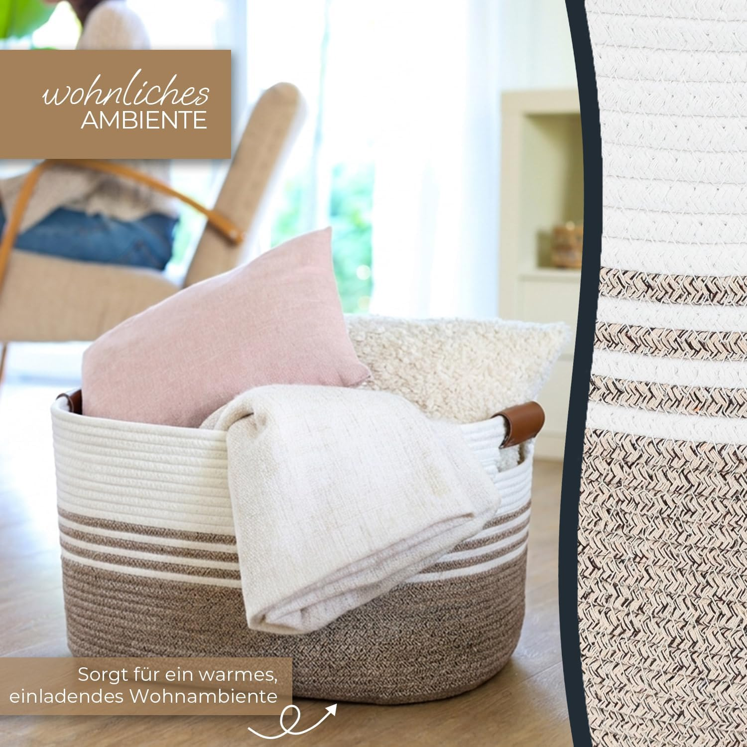 Wohndesign, Wäschekorb, Korb, Korb mit Decken, Wohntextilien