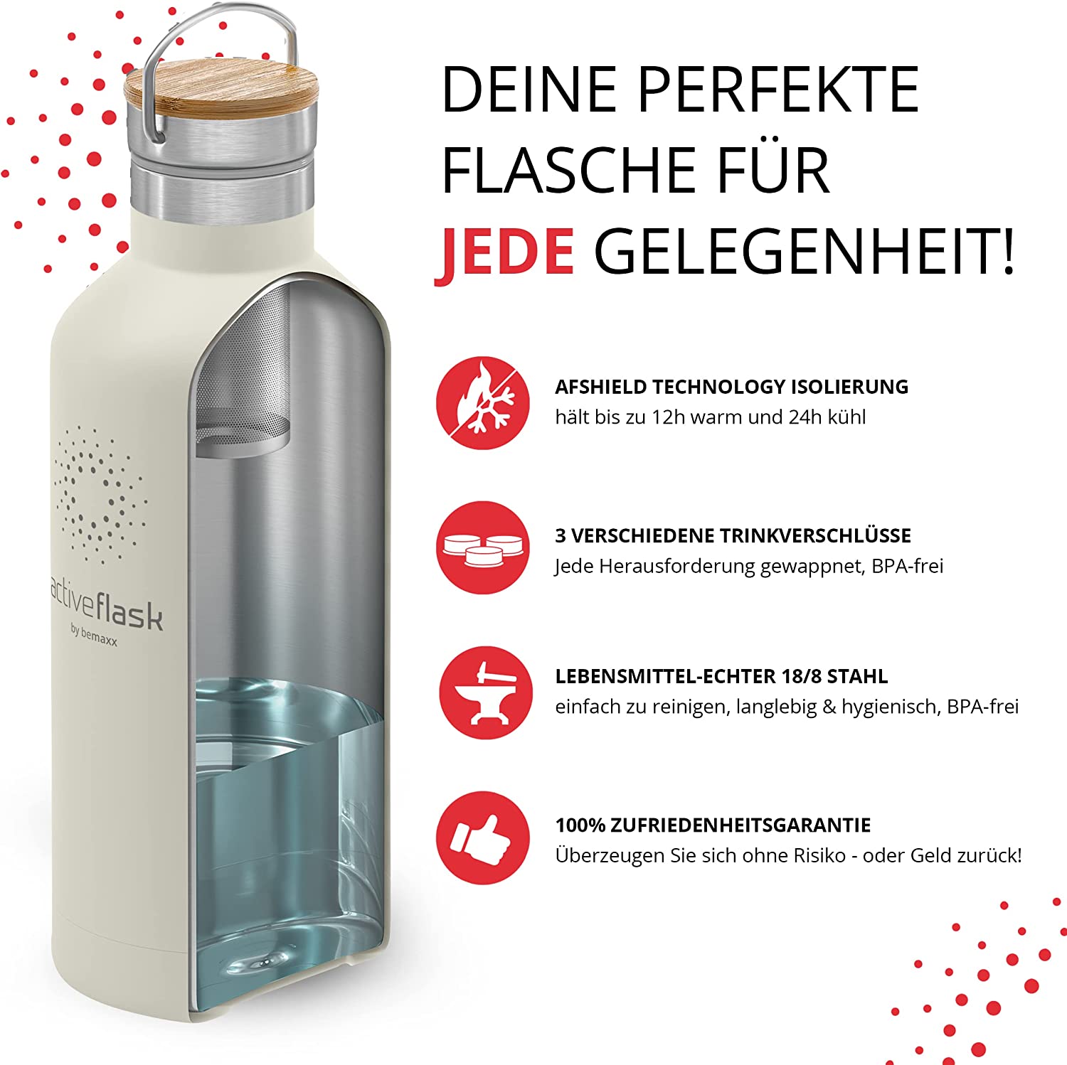 BeMaxx Trinkflasche Edelstahl ACTIVE FLASK creme Bamboo-Verschluss 950l