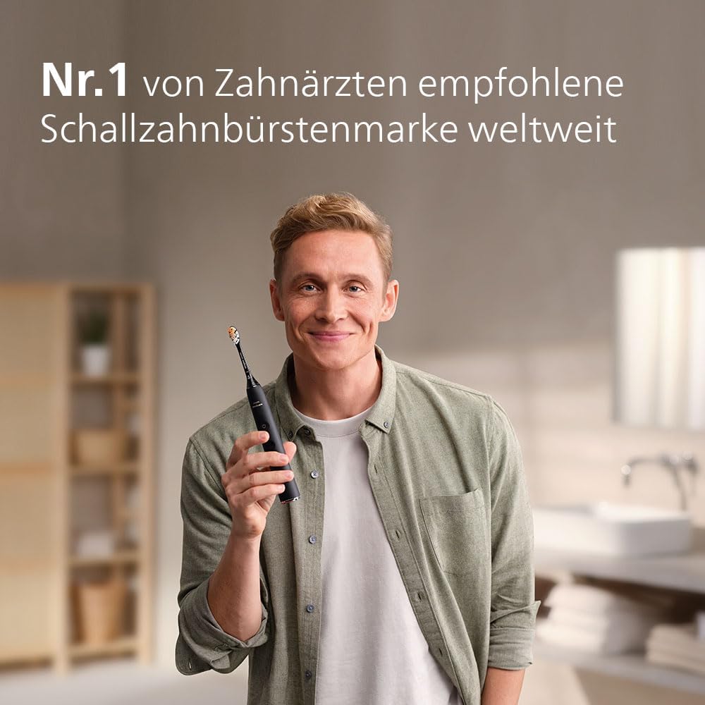 Philips Sonicare DiamondClean 9000 elektrische Zahnbürste, Schallzahnbürste mit App, Drucksensor, 4 Putzmodi, 3 Intensitätsstufen, Ladeglas und USB-Reiseetui Schwarz Modell HX9911/09