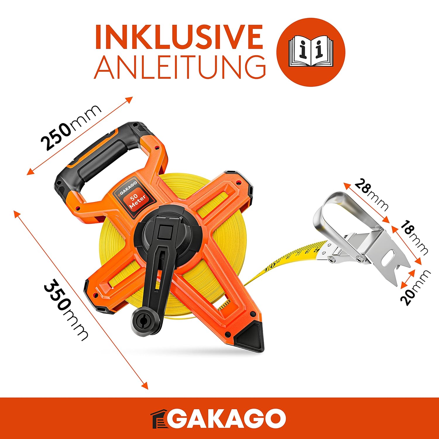 Gakago Bandmaß 50m - 3-fach übersetztes Rollmaßband Maßband Masbandrolle