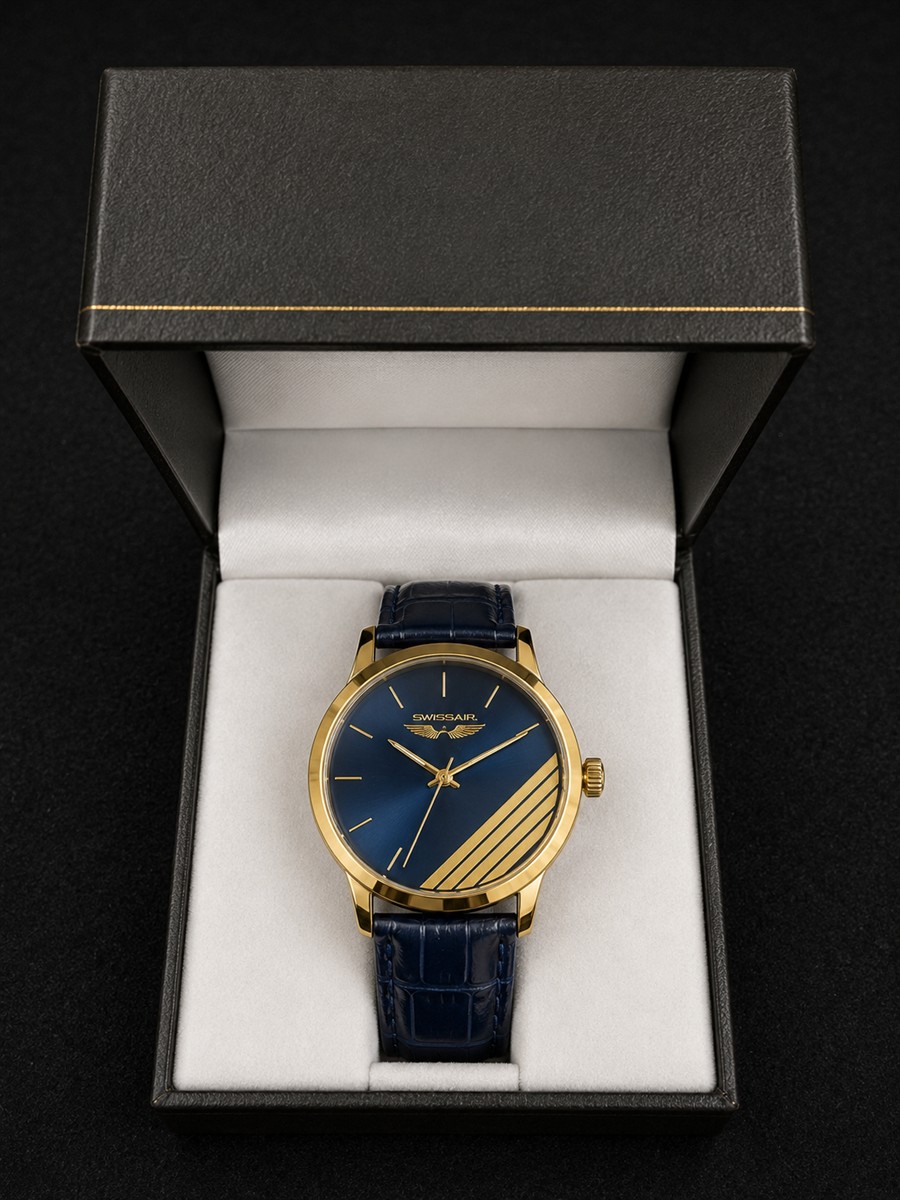 Armbanduhr, Gold, Blau, Lederarmband, Analog