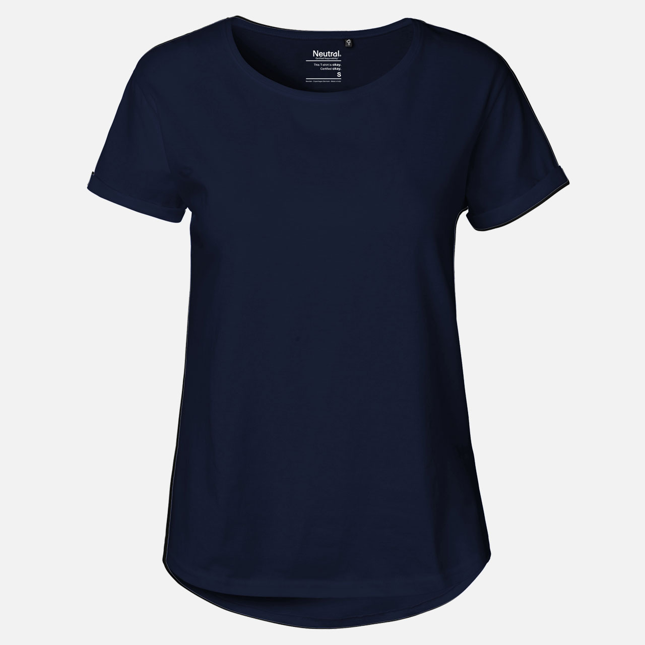 Damen-T-Shirt, Marineblau, Rundhalsausschnitt, Kurzarm, Umschlagärmel