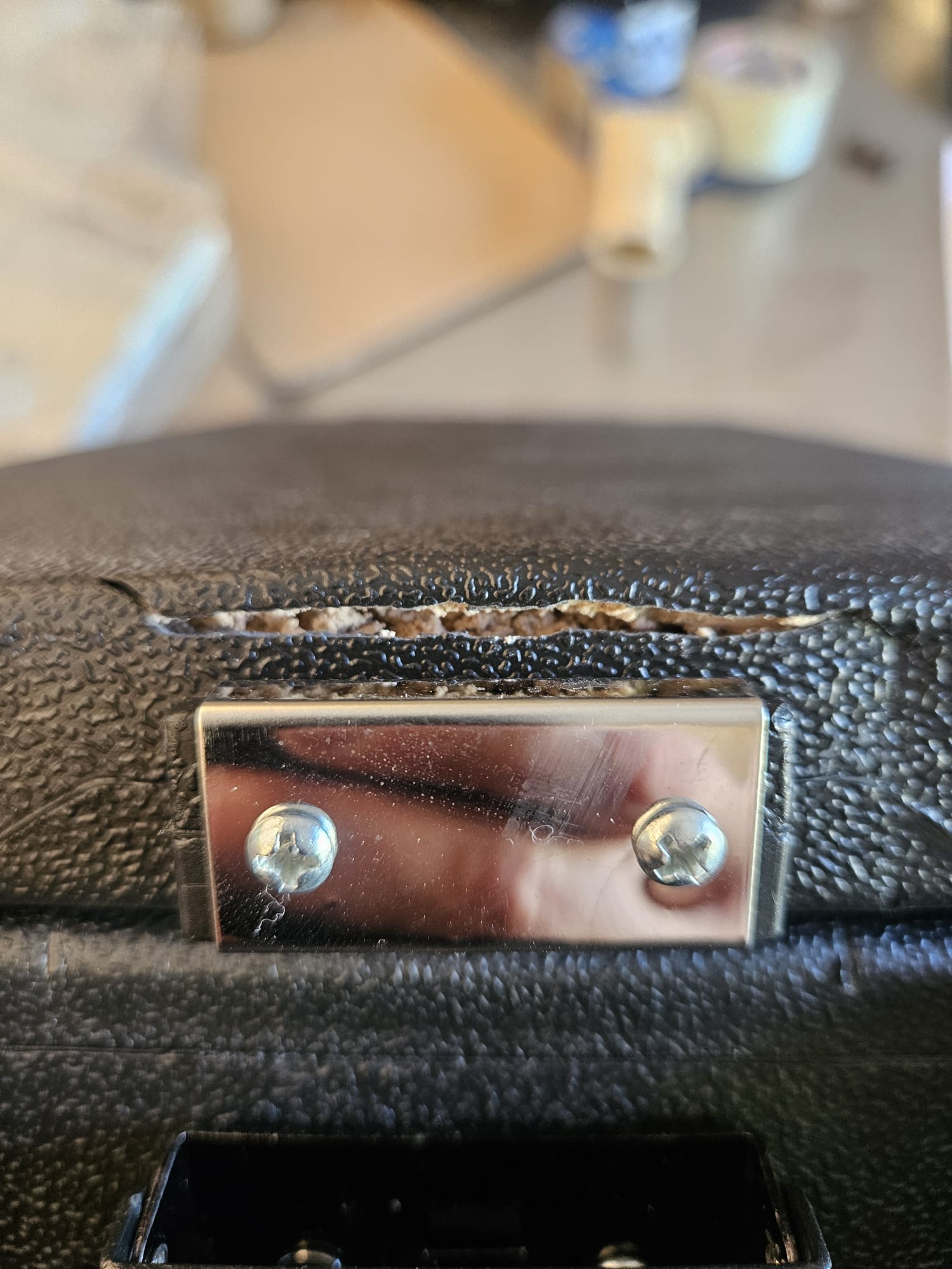 metallischer Verschluss, Schraubensicherung, Ledertasche, strukturierte Oberfläche, Schlitzöffnung