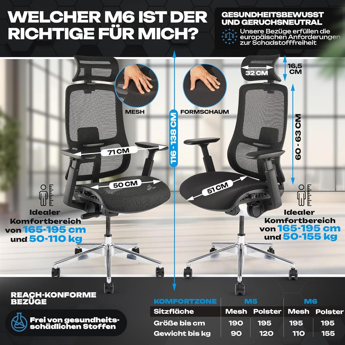 VALKENSTOL M6 Ergonomischer Bürostuhl 150 kg Schreibtischstuhl schwarz