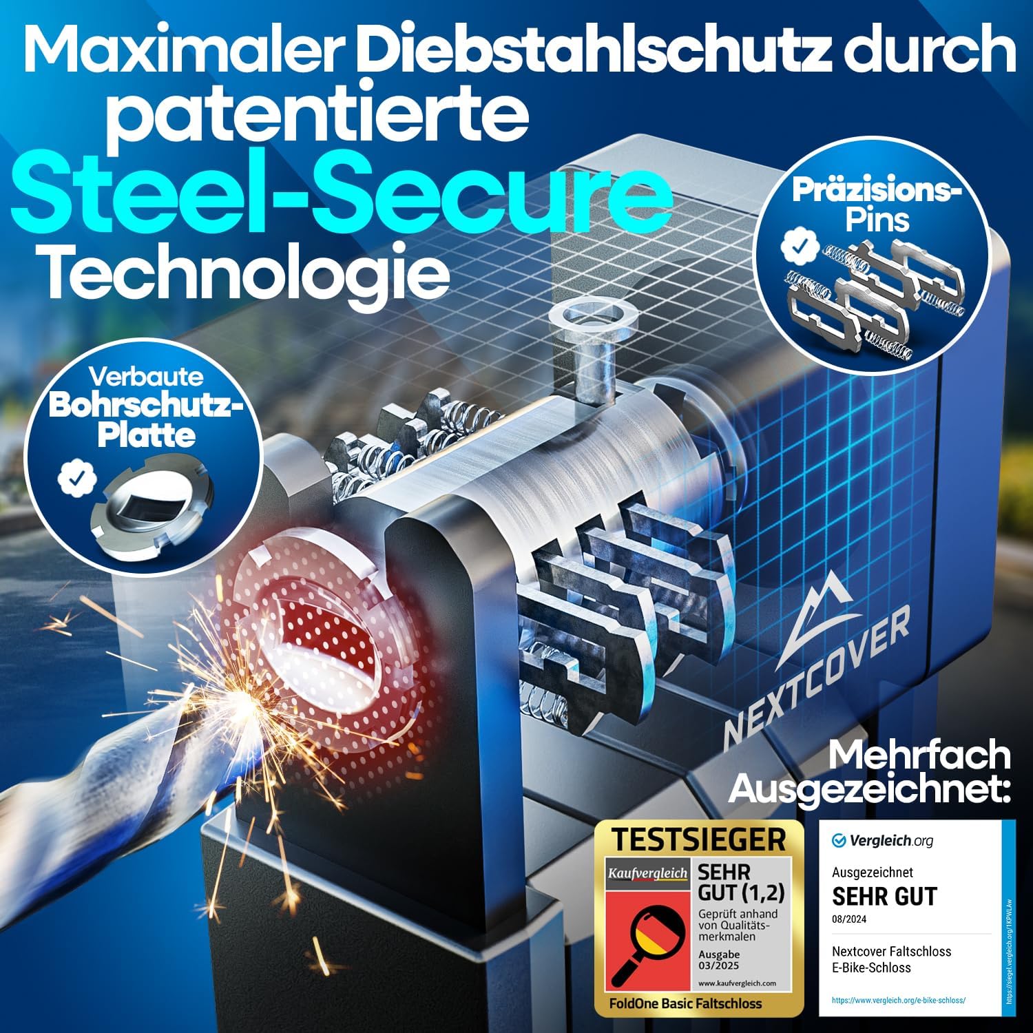 NEXTCOVER Faltschloss Fahrrad FoldBasic - Das Original - mit SteelSecure-Technologie und 2 Schlüsseln Robustes Fahrradschloss Faltschloss Fahrradschloss hohe Sicherheit mit Halterung 100cm