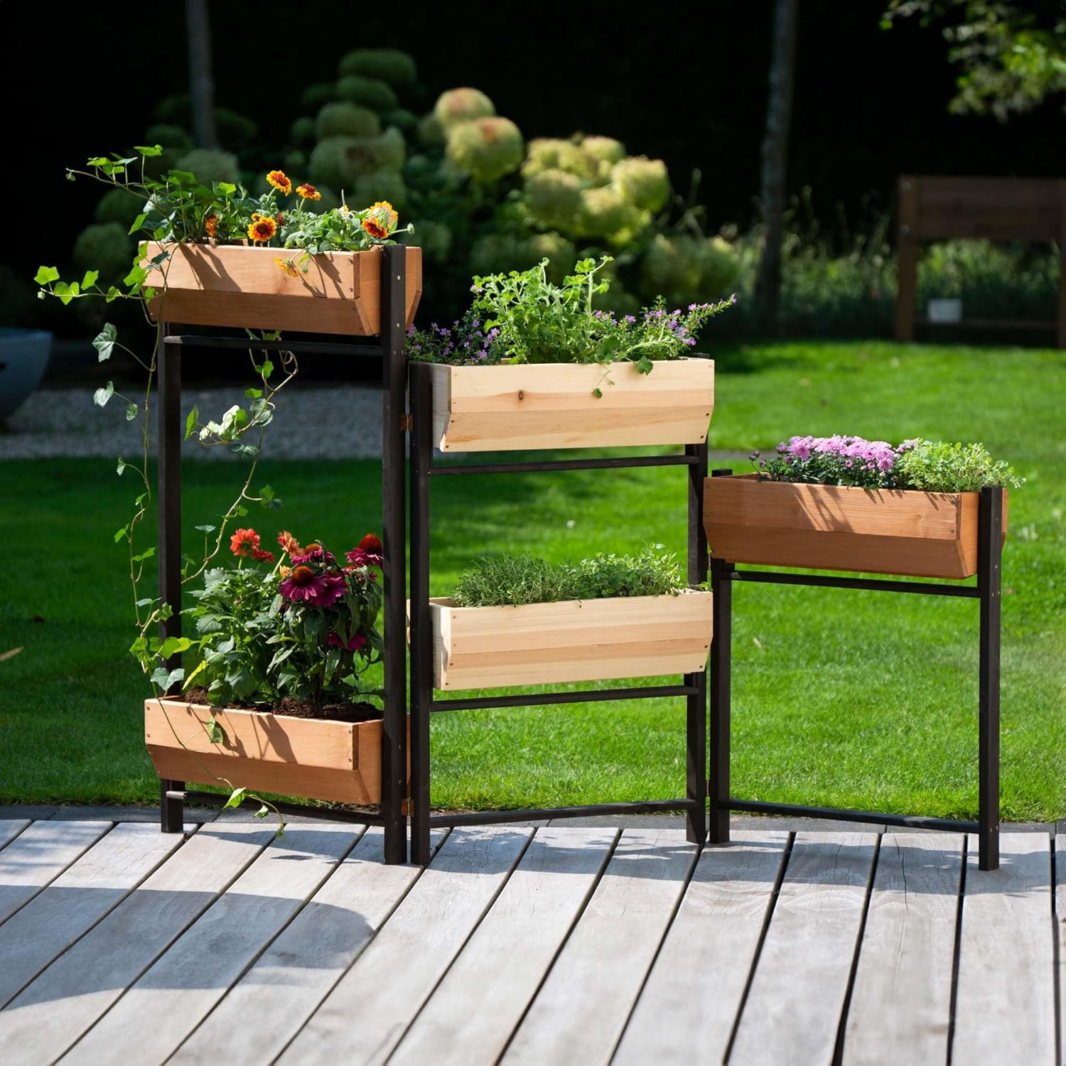 dobar Vertikalbeet Flexi mit 5 Stufen  Flexibles Hochbeet aus Kiefernholz - klappbarer Blumenkasten Kräuterbeet - 165 x 18 x 105 cm Schwarz/Braun/Natur Hellbraun