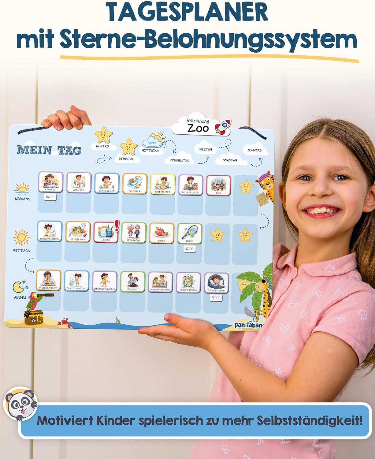 Tagesplaner für Kinder, Sterne-Belohnungssystem, Magnetischer Planer, Blaue Tafel, Illustrierte Aufgaben