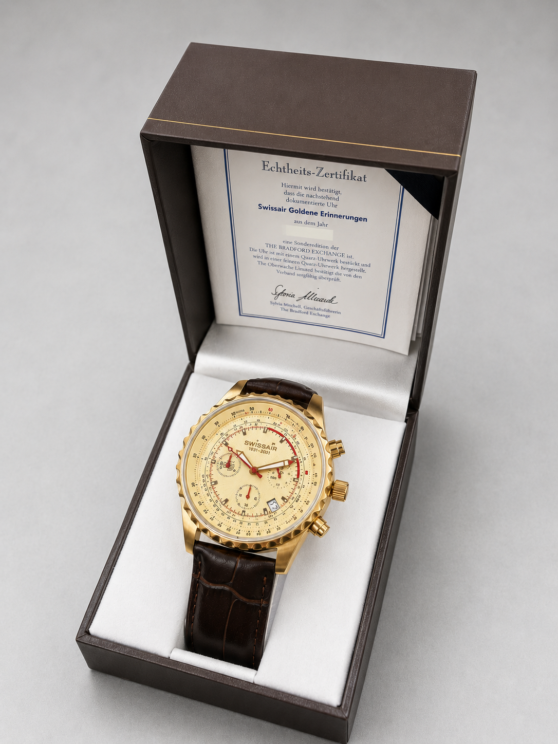 Swissair „Goldene Erinnerung“ Sammleruhr – Bradford Exchange (Vintage-Gold, limitiert)