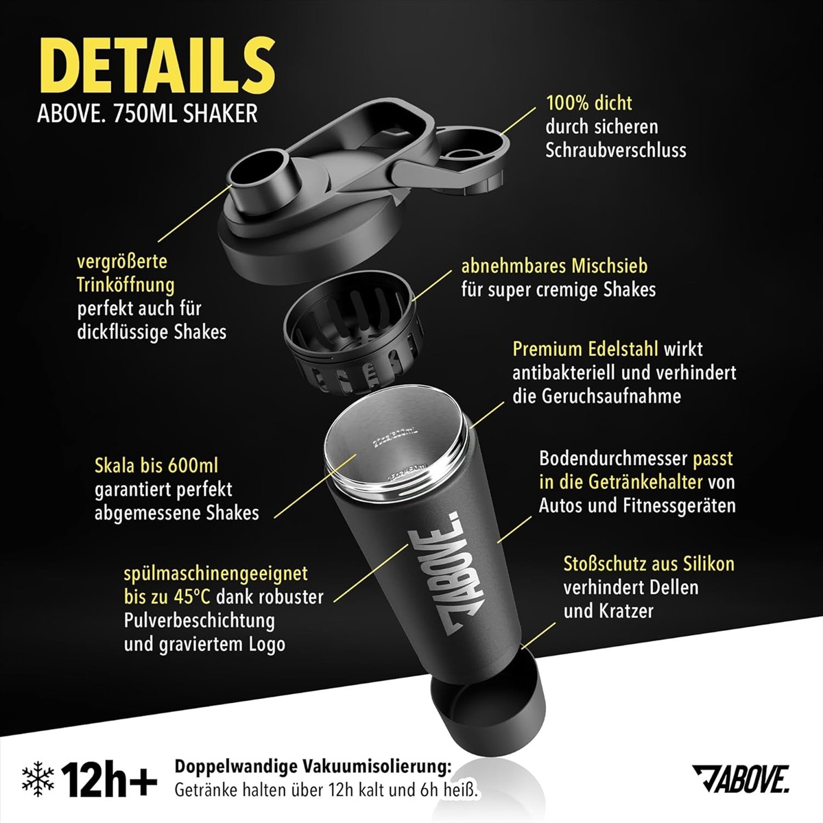 Shaker, Cocktailshaker, Vakuumisolierung, Edelstahl, 600ml
