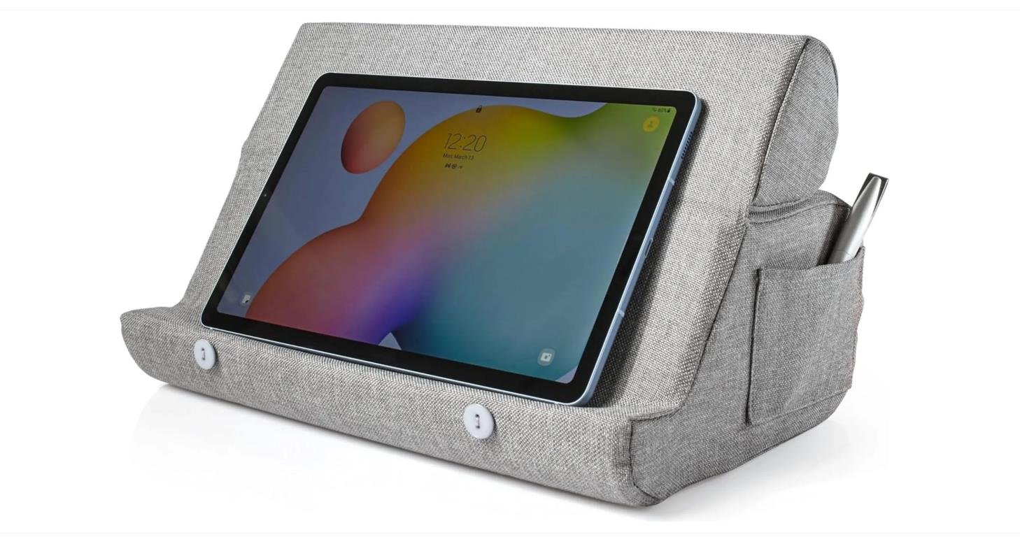 Weiches graues Tabletkissen bis 12,9 Zoll mit Haltekante Seitentasche faltbar 32,5x20x11 cm