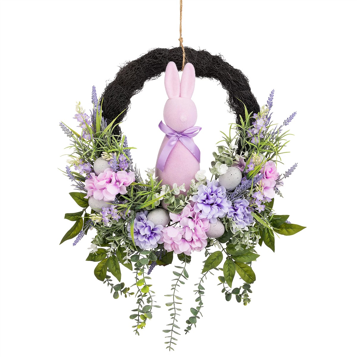 Osterkranz, Hasenfigur, Lavendelblüten, Kränz mit Gräsern, Kunstblumen