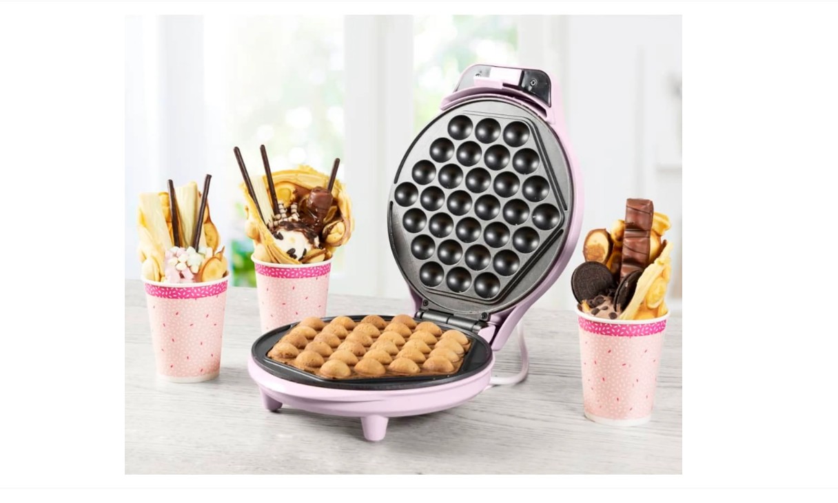 Bestron Bubble-Waffeleisen Waffelmaker für Bubble Waffeln zum Befüllen mit Eis Schokolade oder Obst mit Backampel & Antihaftbeschichtung 700 Watt Farbe: Rosa