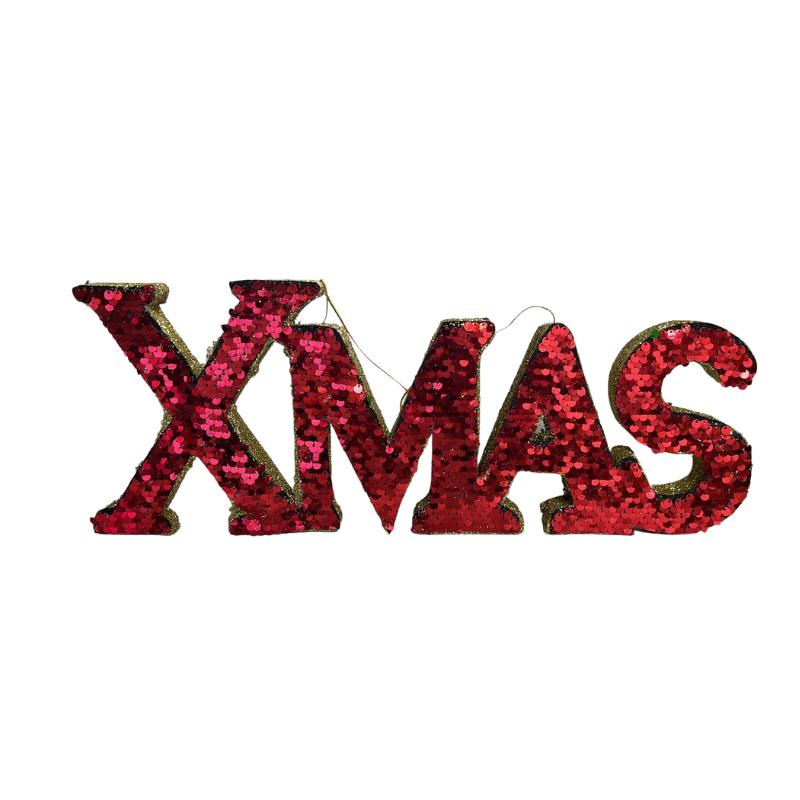Schriftzg XMAS rot mit Glitzer Türaufhönger