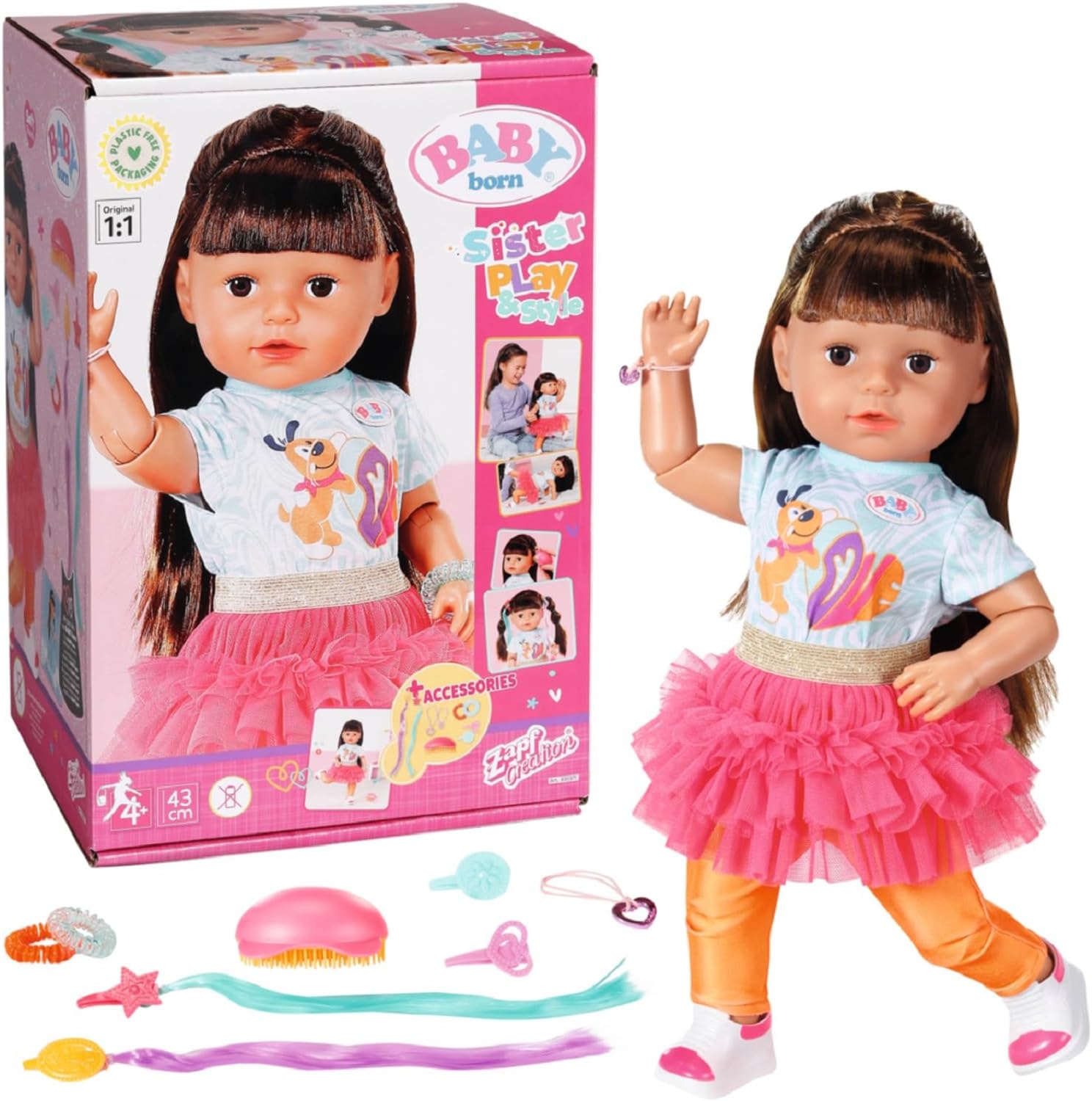Zapf Creation 835371 BABY born Sister Play & Style Puppe mit Haaren und Outfit Spielzeugpuppe