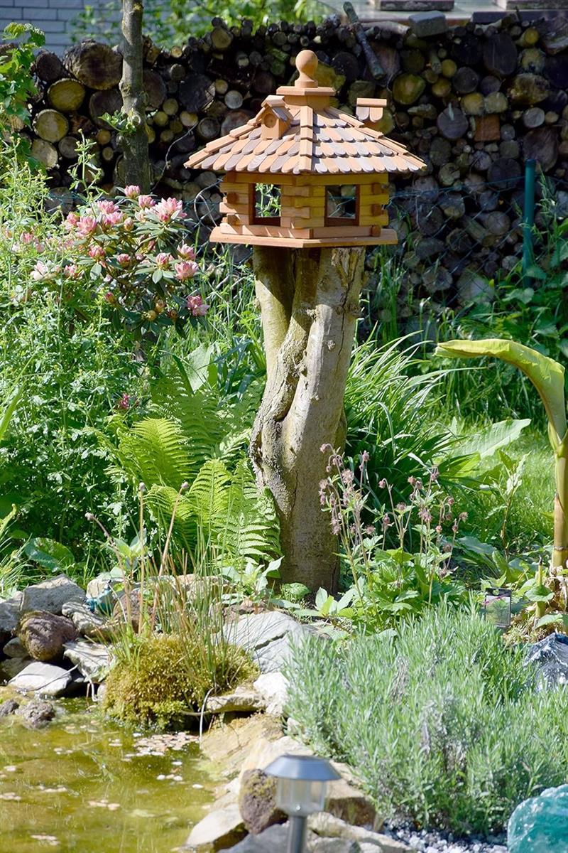 dobar Vogelfutterhaus Holzschindeldach 6-eckig Vogelhaus aus Massivholz XL Vogelfutterstation mit Futtersilo 6-eckige Vogelvilla  68 x 59 x 46 cm Braun DH191