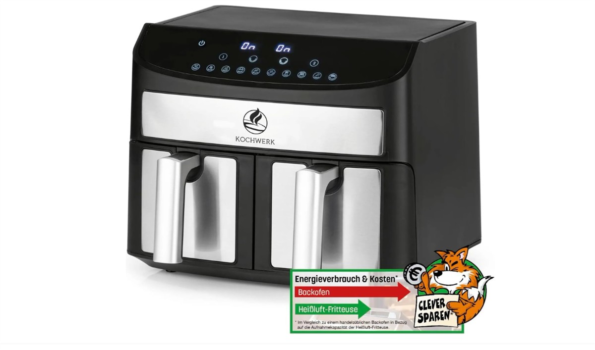 hauben-fritteuse, airfryer, schwarz, edelstahl-akzente, digital-display