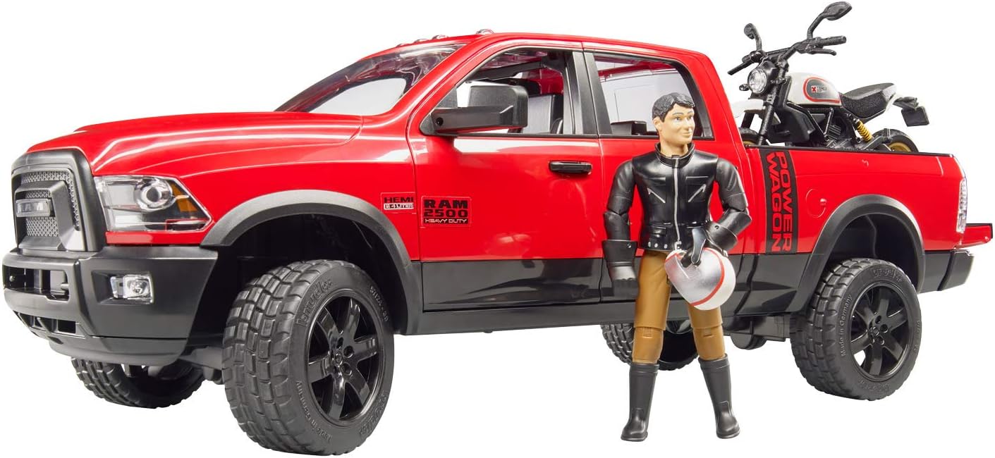 Bruder 02502 RAM 2500 Power mit Ducati und Fahrer Pritschenwagen Auto Jeep Motorrad
