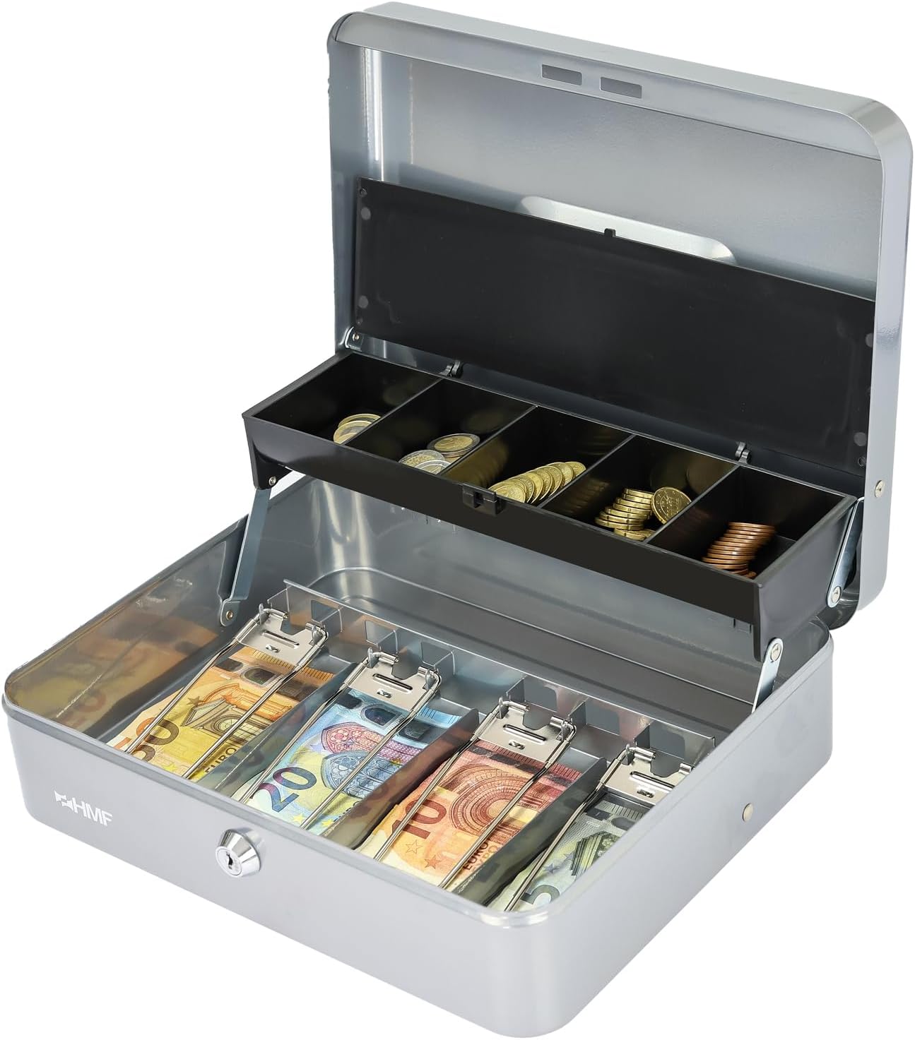 HMF Geldkassette abschließbar mit Münzeinsatz und 4 Scheinfächer mit Klammer 30 x 24 x 9 cm Silber