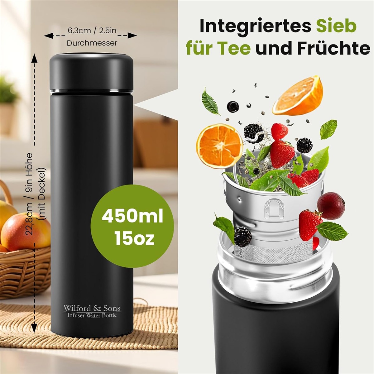 Infuser, Wasserflasche, Edelstahl, 450ml, Infüsionseinsatz