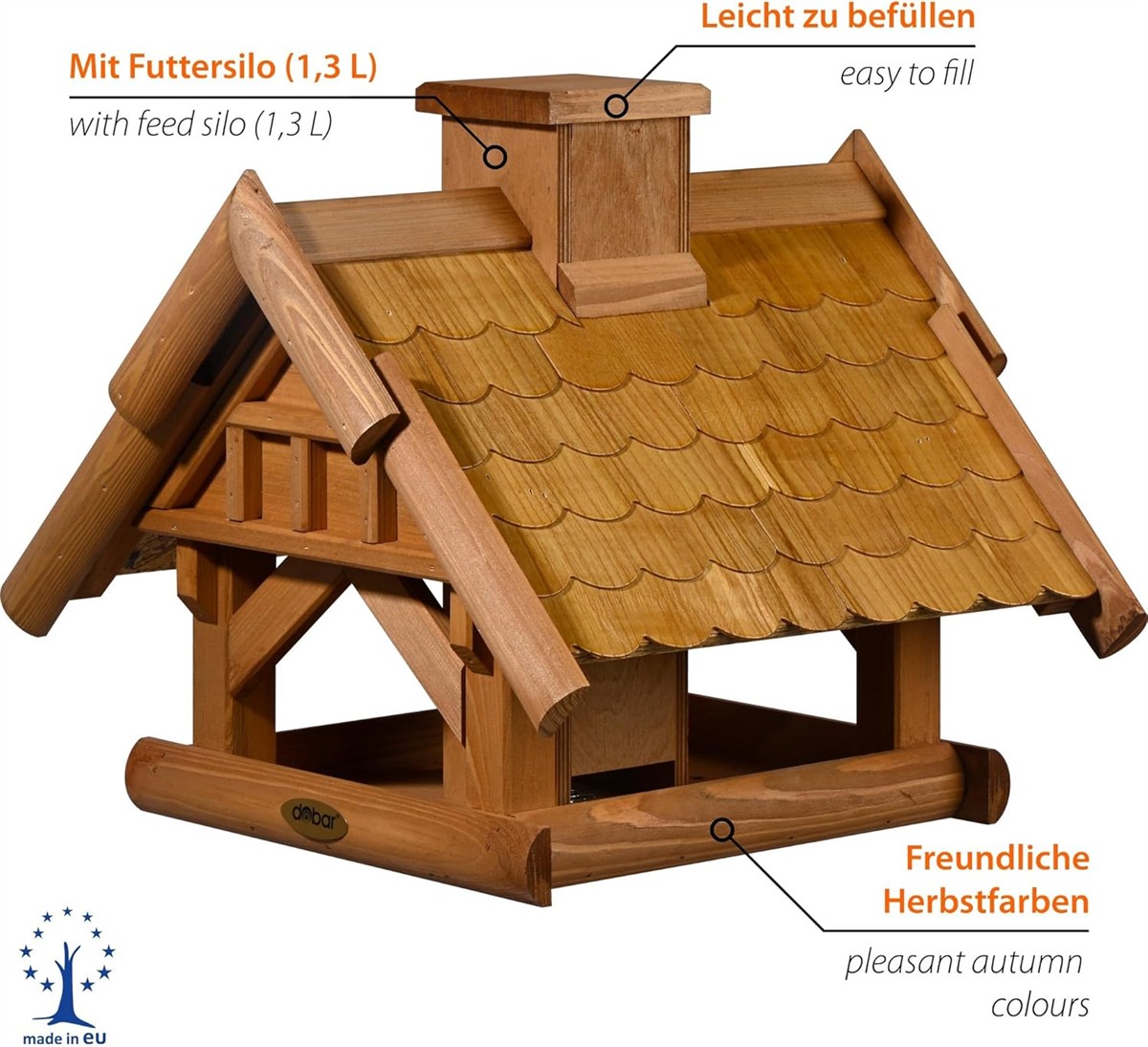 holzhaus, holzspielhaus, dachziegeloptik, futter silo, herbstfarben