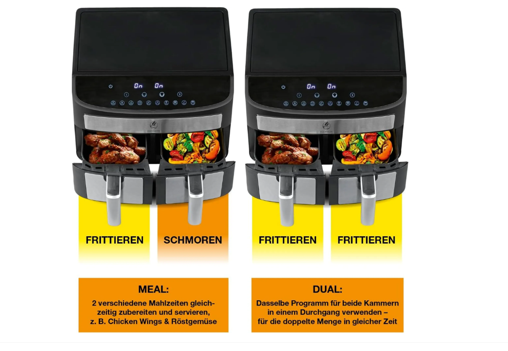 Kochwerk Heißluftfritteuse 2400W Touchdisplay 10 Programme Doppelkammer Edelstahl schwarz