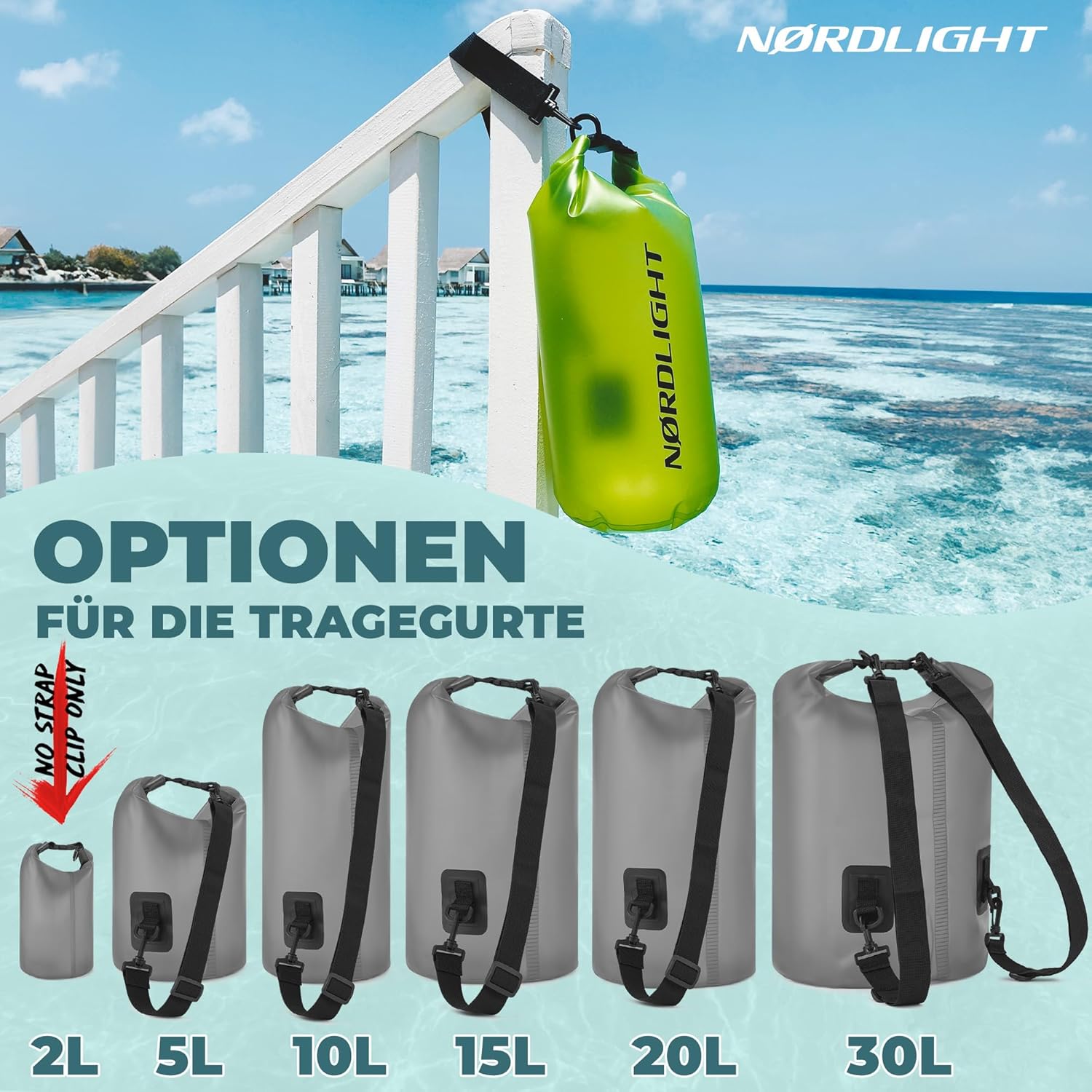 Nordlight Wasserdichter Rucksack Dry Bag 2L - Roll Top Rucksack Kurierrucksack grau