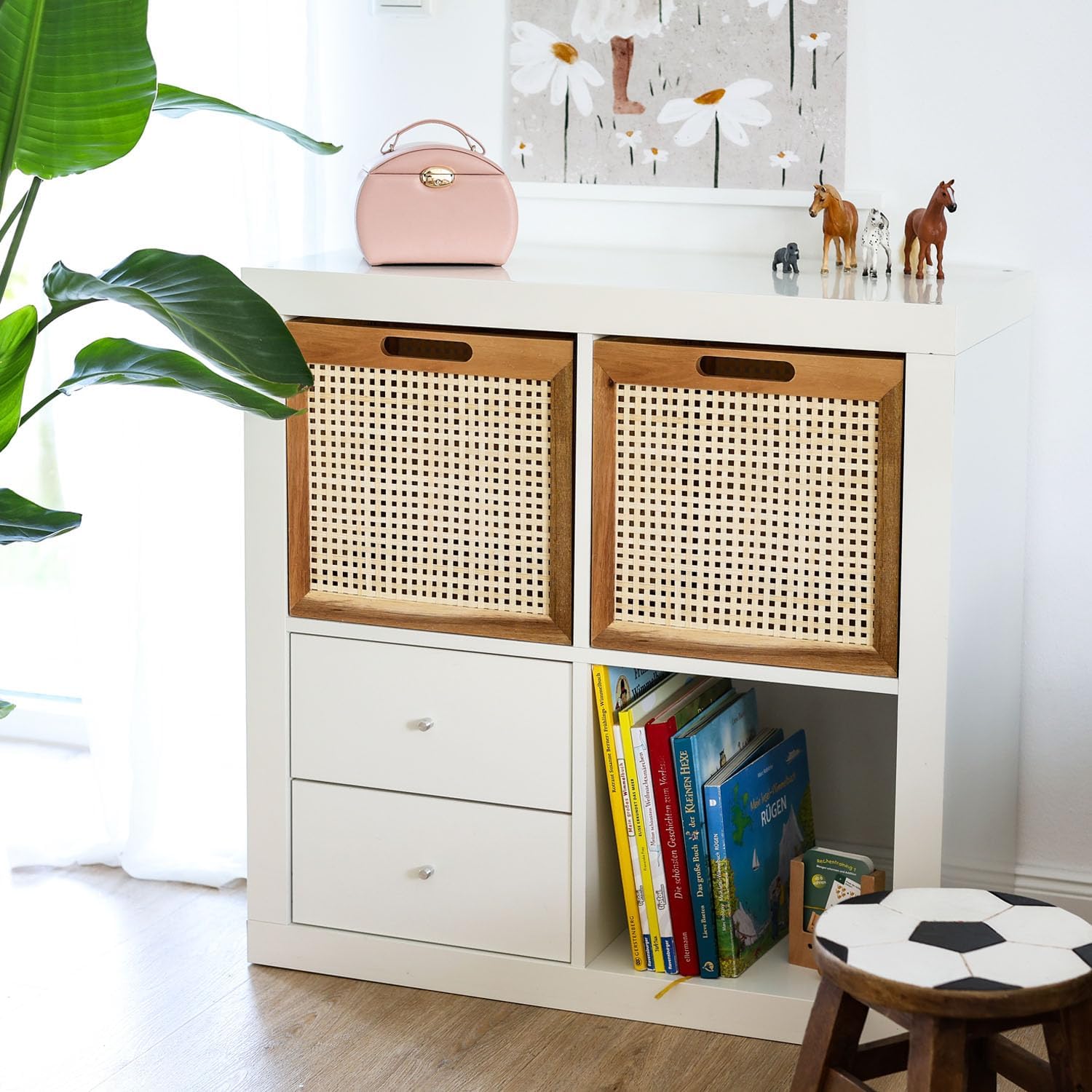 HMF Aufbewahrungskorb passend für Kallax Regale Korb aus Rattan mit Wiener Geflecht und Akazienholz Muster 3 32 x 34 x 32 cm