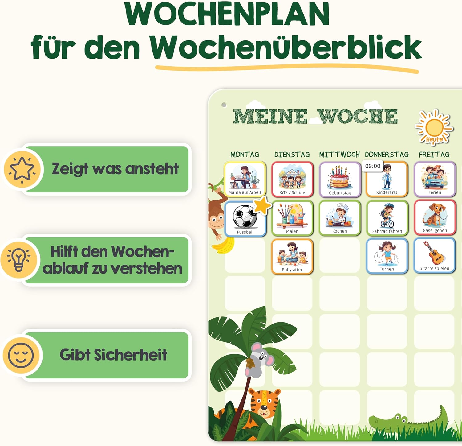 Wochentage, Wochenplan, Tiermotiv, Kinderplan, Kalender