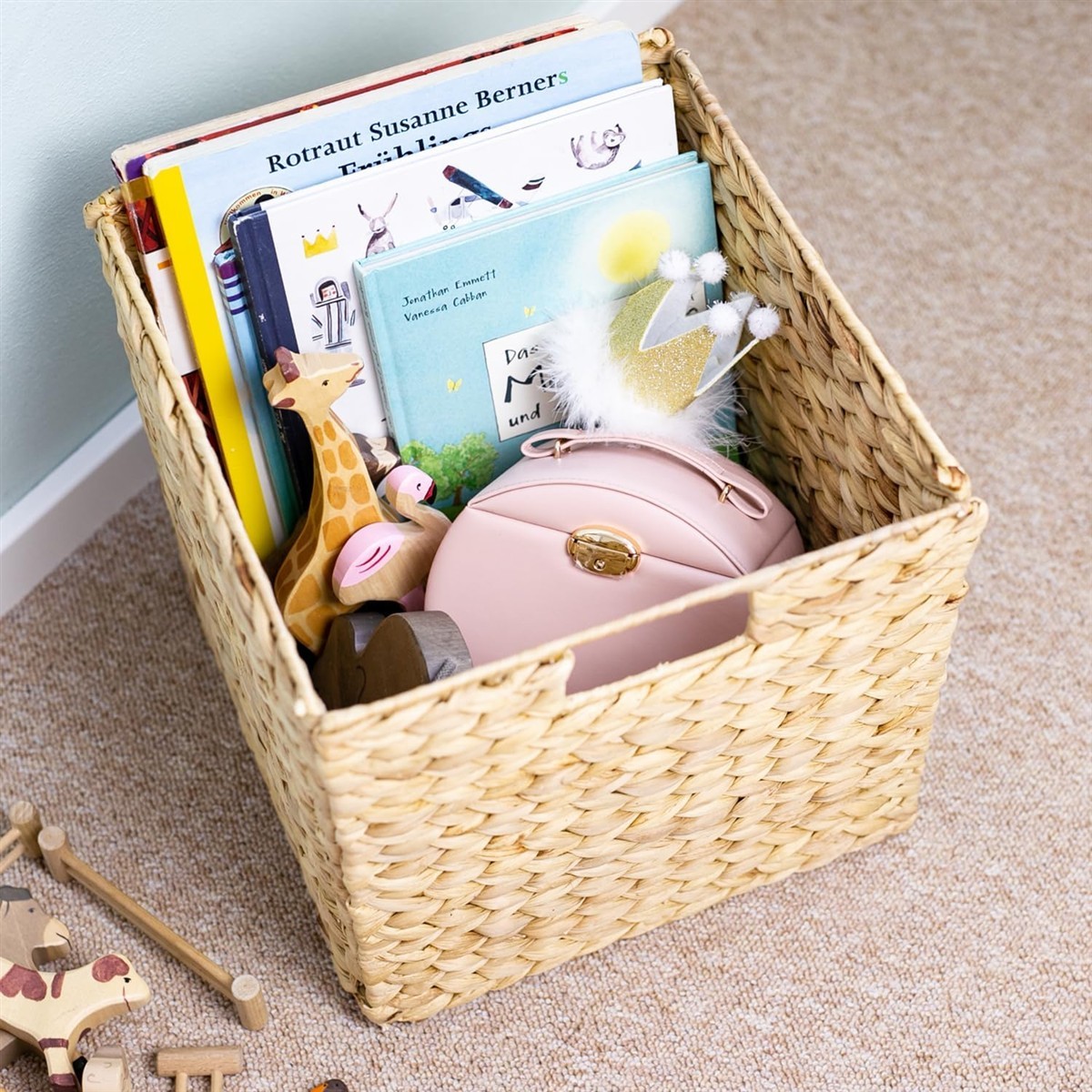 Kinderspielzeug, Bücherkorb, Holzspielzeug, Puppenhaus-Zubehör, Aufbewahrungskorb