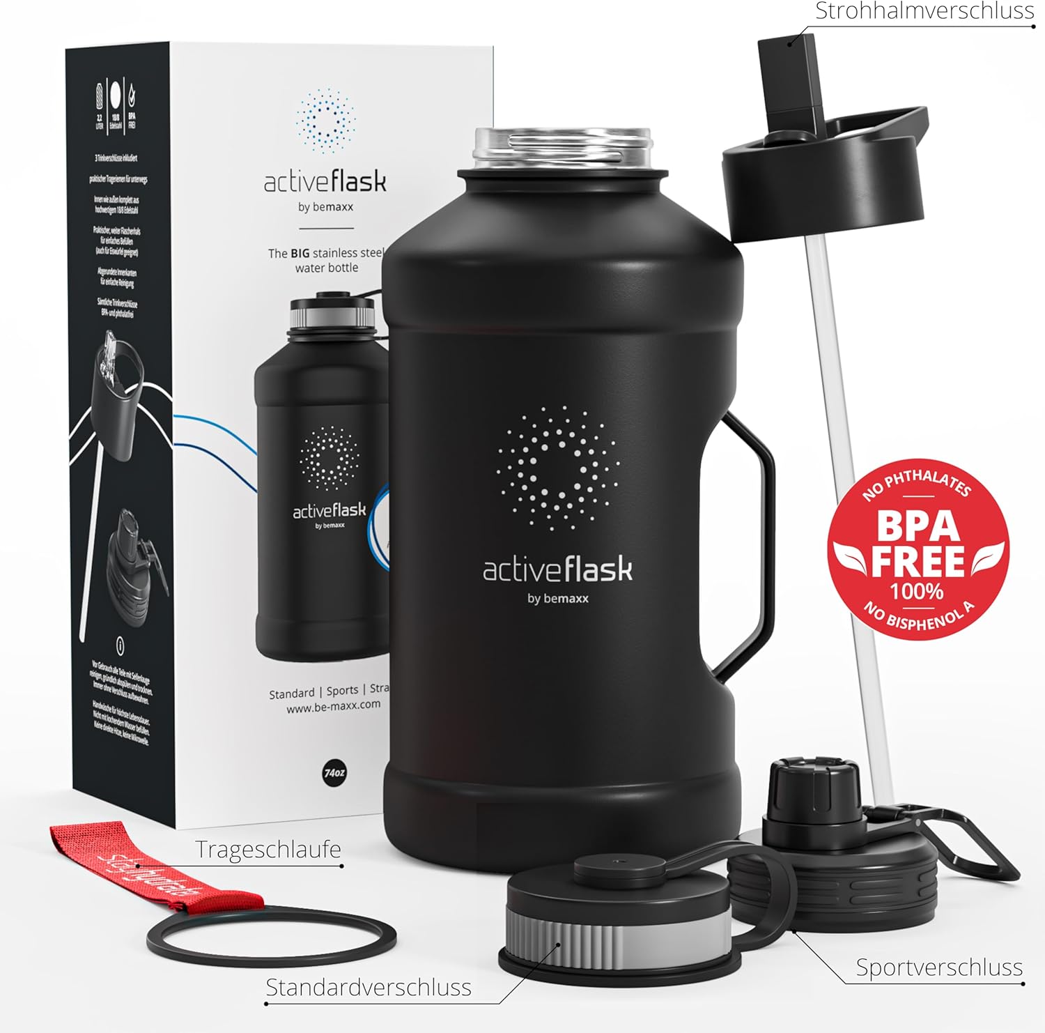 BeMaxx Trinkflasche Edelstahl ACTIVE FLASK BIG 2,2L schwarz