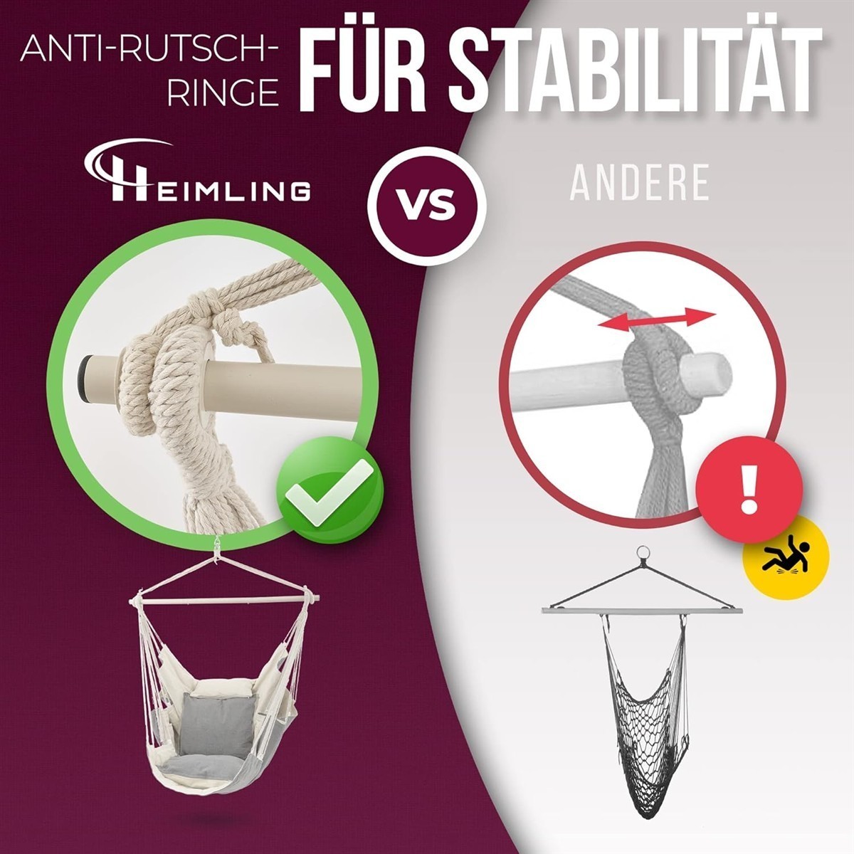 Hängesessel, Anti-Rutsch-Ringe, Befestigungsseil, Stabilisierung, Naturfarben