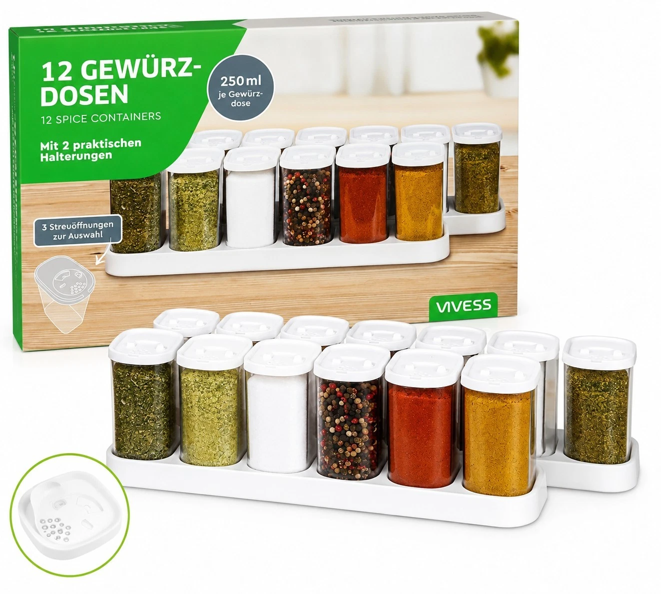 VIVESS 12 Gewürzdosen 250 ml mit Halterung, weiß